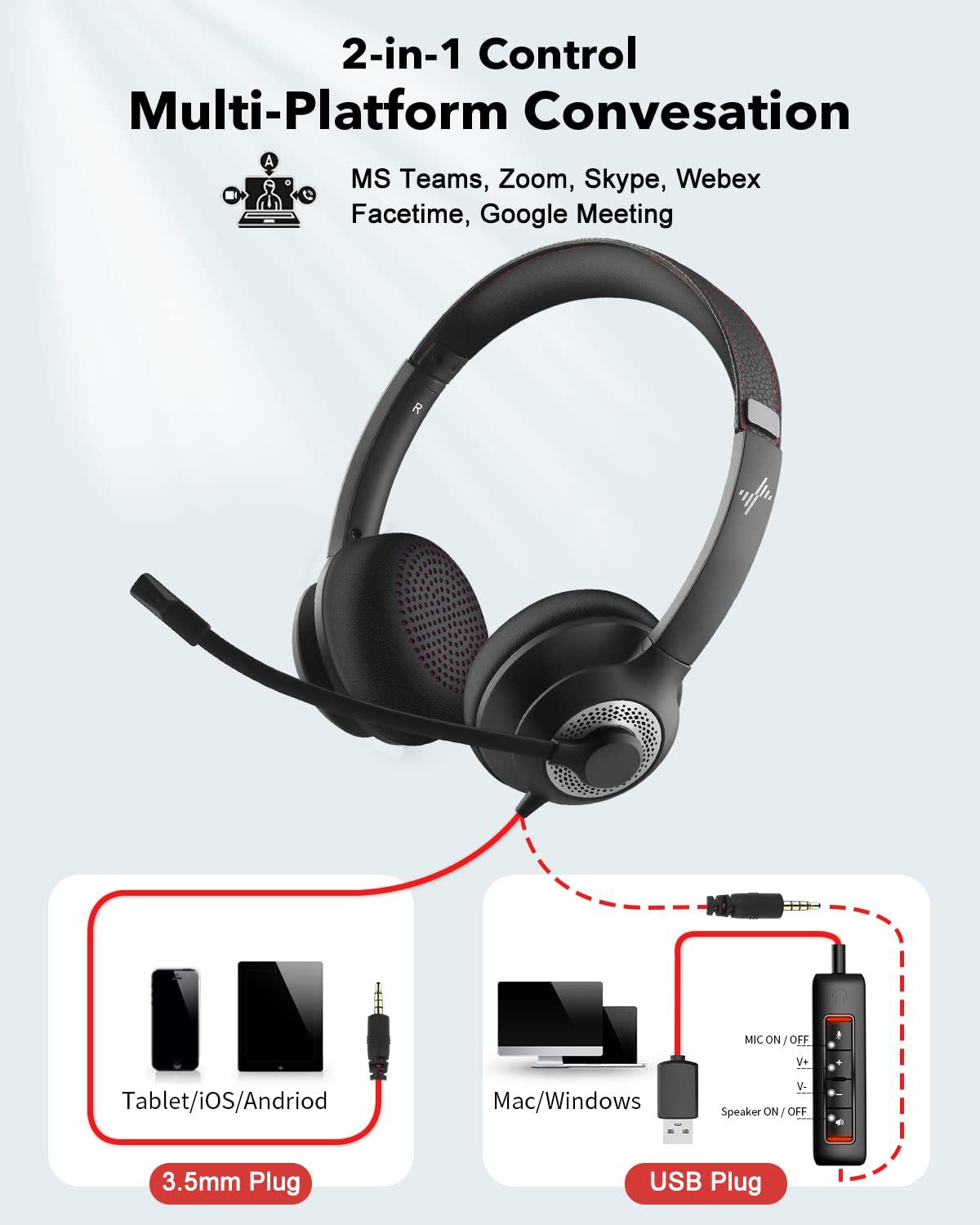 JIAMQISHI USB Headset with Mic for PC, On-Ear Computer Laptop Headphones with Noise Cancelling Microphone in-line Control for Home Office Online Class Skype Zoom (USB+3.5mm, Black) - Image 5