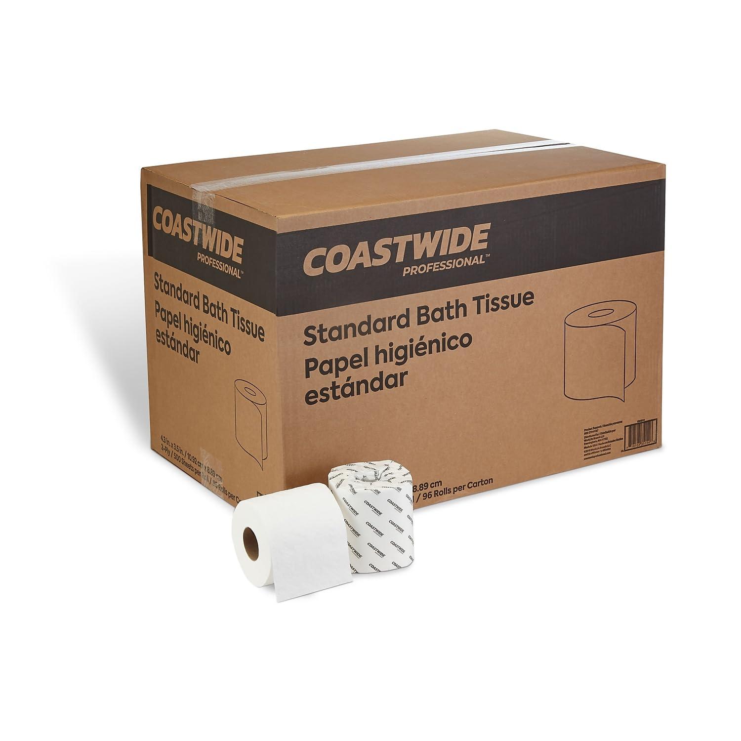 COASTWIDE 2-Ply Toilet Paper, Individually Wrapped Bath Tissue, 500-Sheets Per Roll, 96-Pack, White