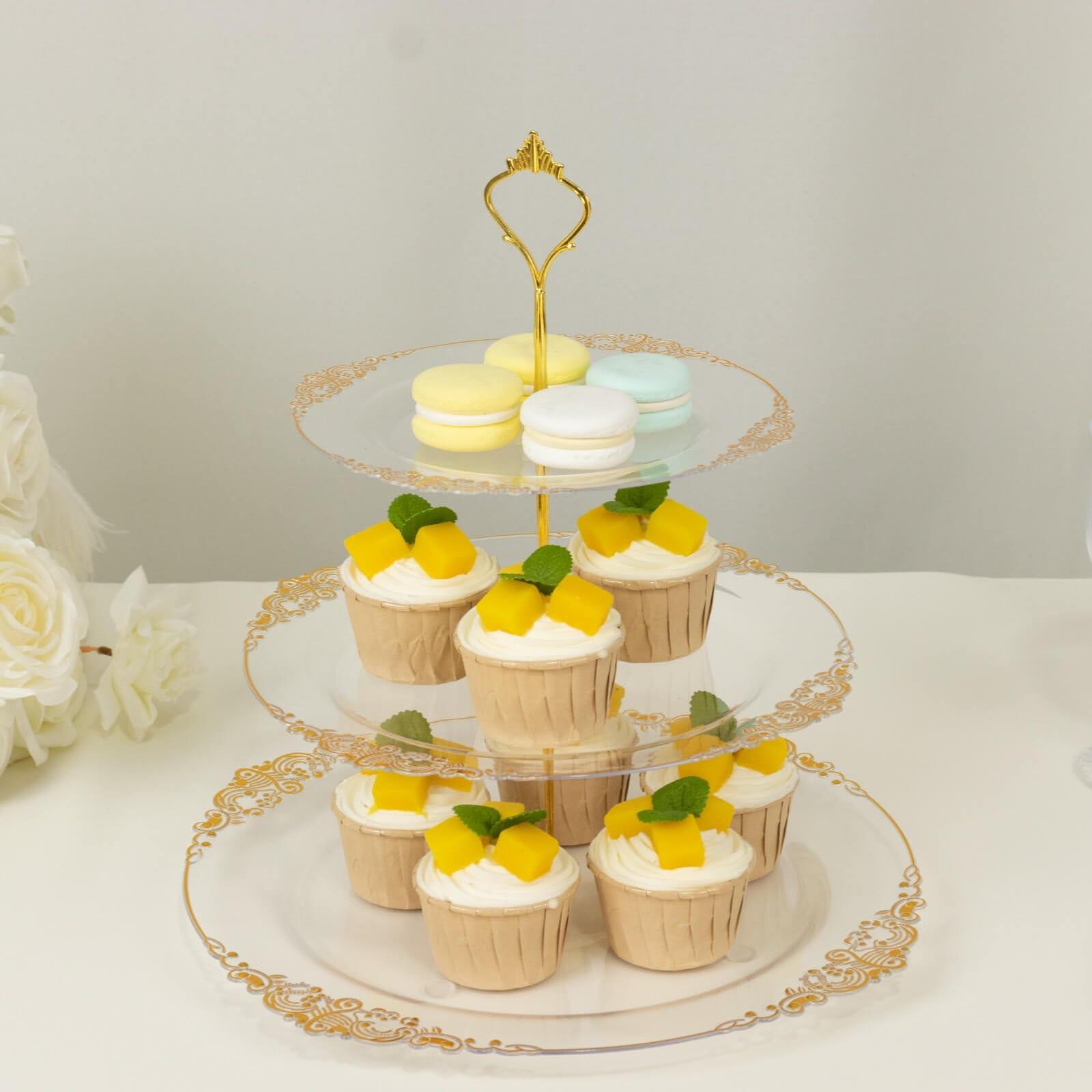 Efavormart 3-Tier Clear Plastic Cupcake Stand Holder with Gold Embossed Baroque Rim, Round Cake Dessert Display Stand Tiered Serving Tray with Top Handle - 13"