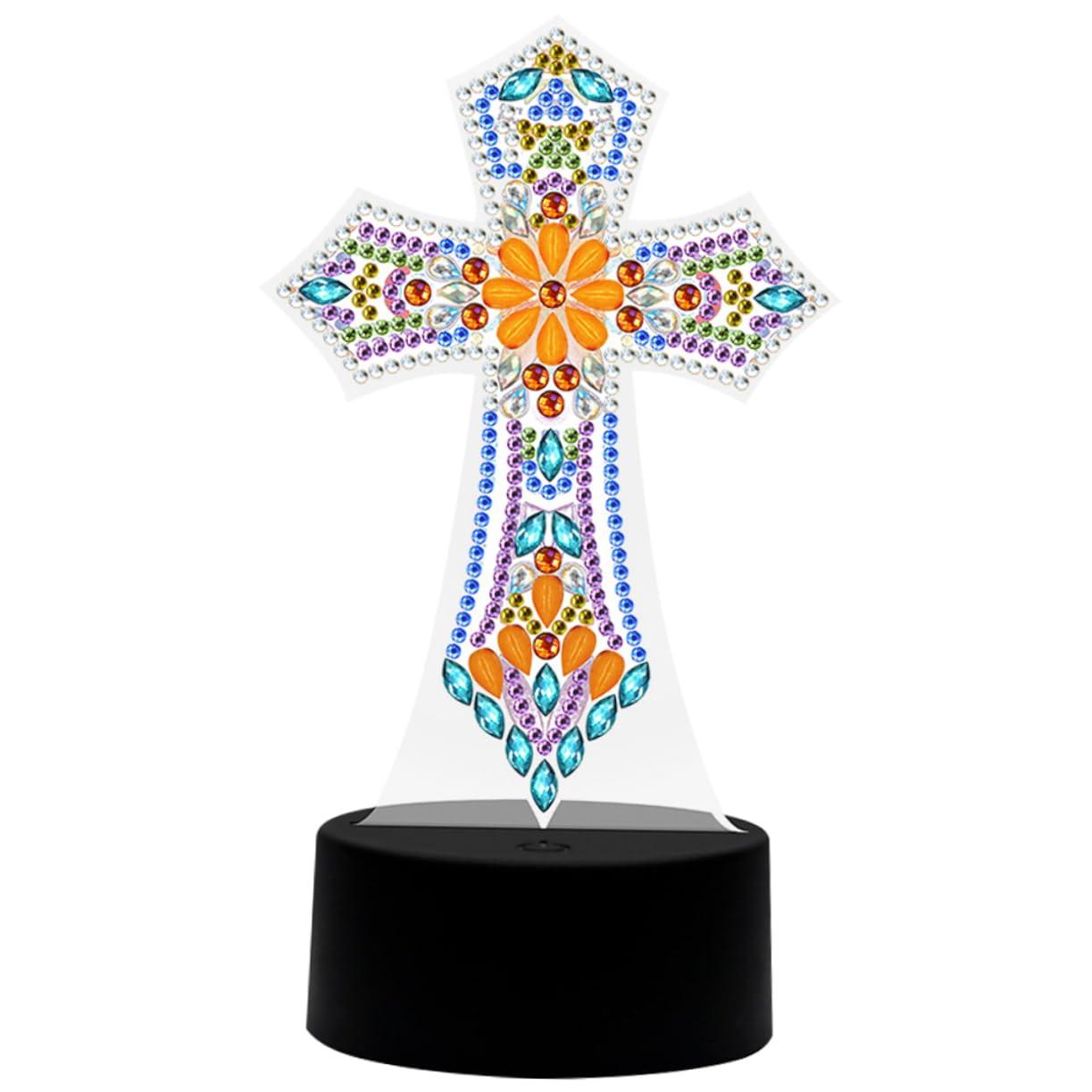 DOITOOL Cross Lamp Cross Light DIY Rhinestones Painting Crafts Religious Decorative Table Lamp Bedside Lamp Nursery Room Light Sleep Night Light Desk Shaped Drill Decorations