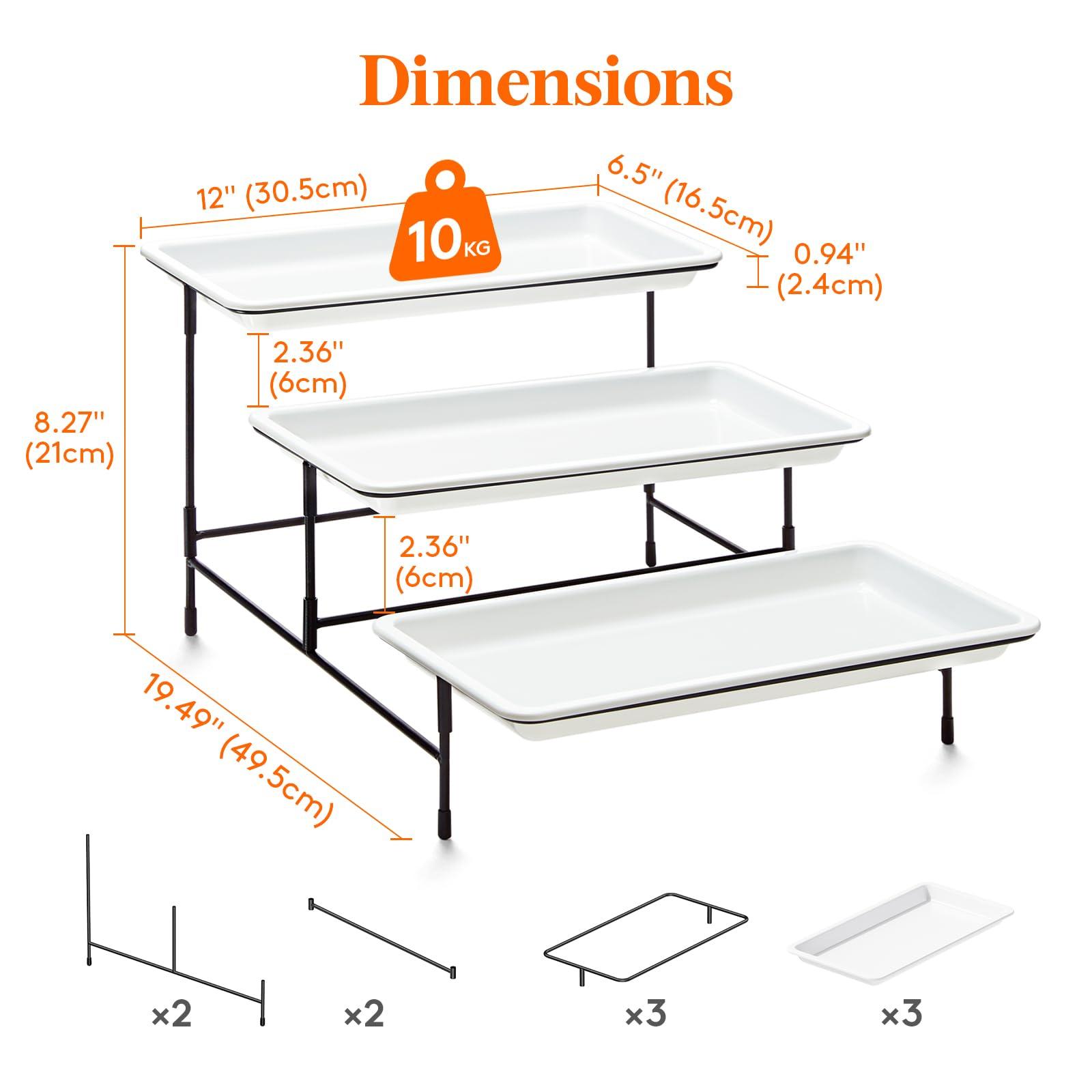 Lifewit Plastic 3 Tier Serving Tray for Party Supplies, 12" x 6.5" Crack-Proof Platters for Serving Food, White Reusable Trays with Black Metal Display Stand for Veggie, Fruit, Cookies, Dessert - Image 3