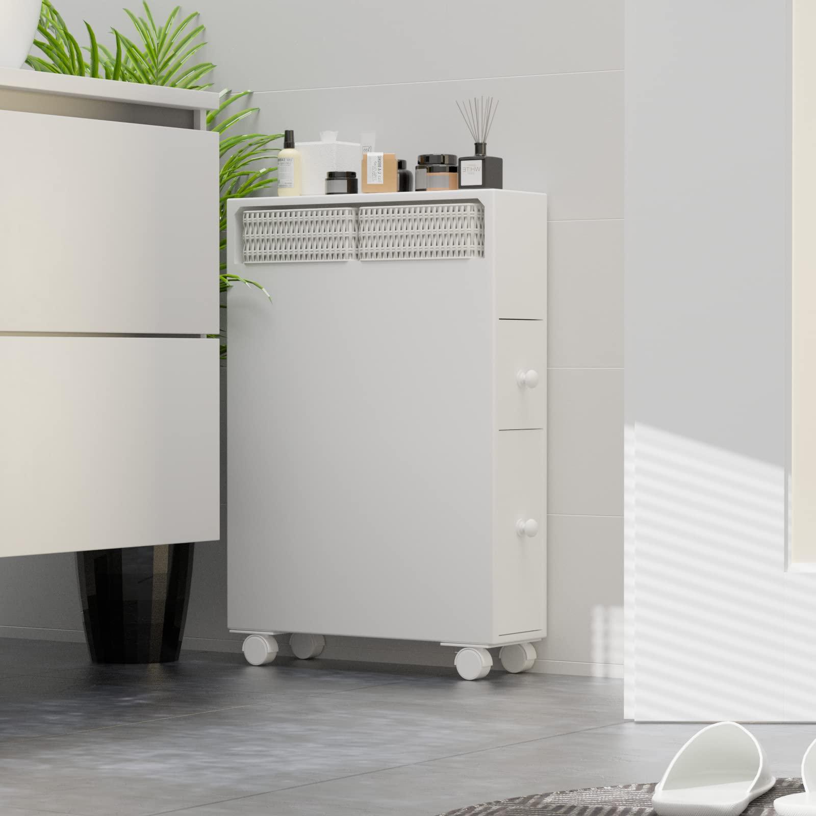 MASAKA B&W Movable Bathroom Cabinet with 2 Drawers, Shelf & Corner Shelves - Toilet Paper Storage & Side Organizer - Image 3