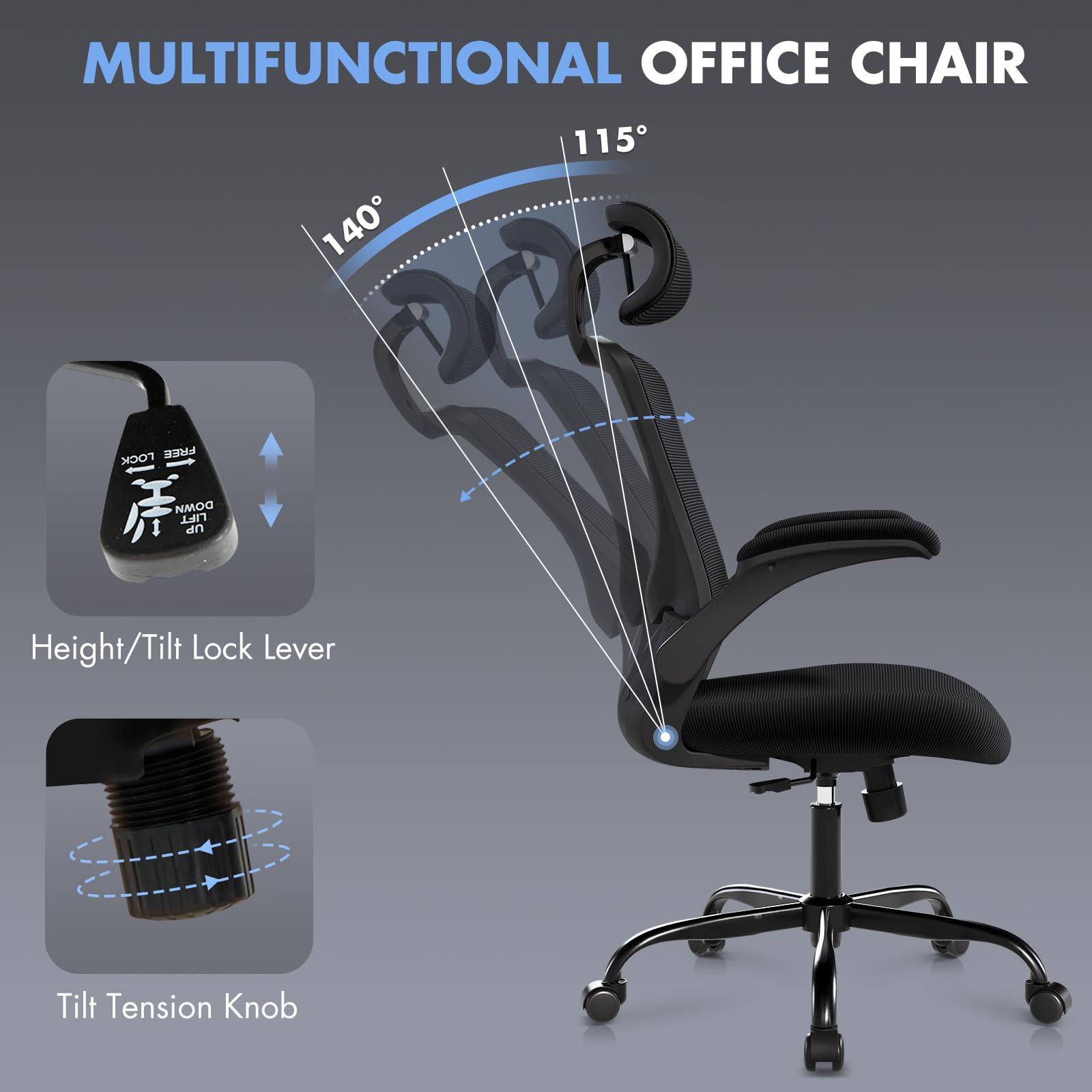 Ergonomic Office Chair with Adjustable Lumbar Support & Headrest – High Back Mesh Desk Chair with Flip-Up Armrests, Swivel Rolling Computer Chair for Home Office, Breathable & BIFMA Certified, Black - Image 5