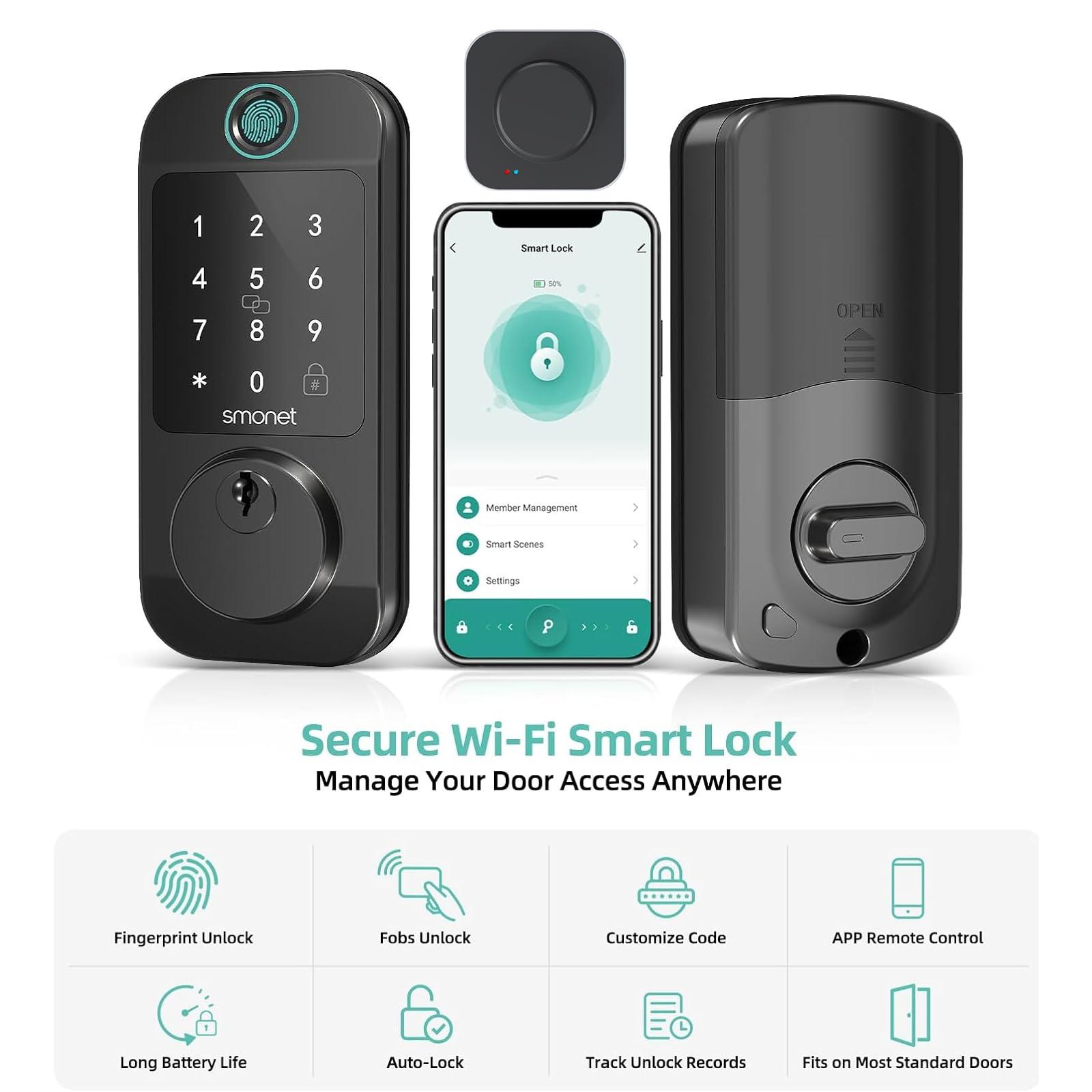Smart Locks WiFi Deadbolt: SMONET Fingerprint Front Door Lock Keyless Entry with Keypad Electronic Digital Deadbolt Alexa Gateway Remote Control, Bluetooth APP KeyFob Code Auto-Lock for Home, Black - Image 2
