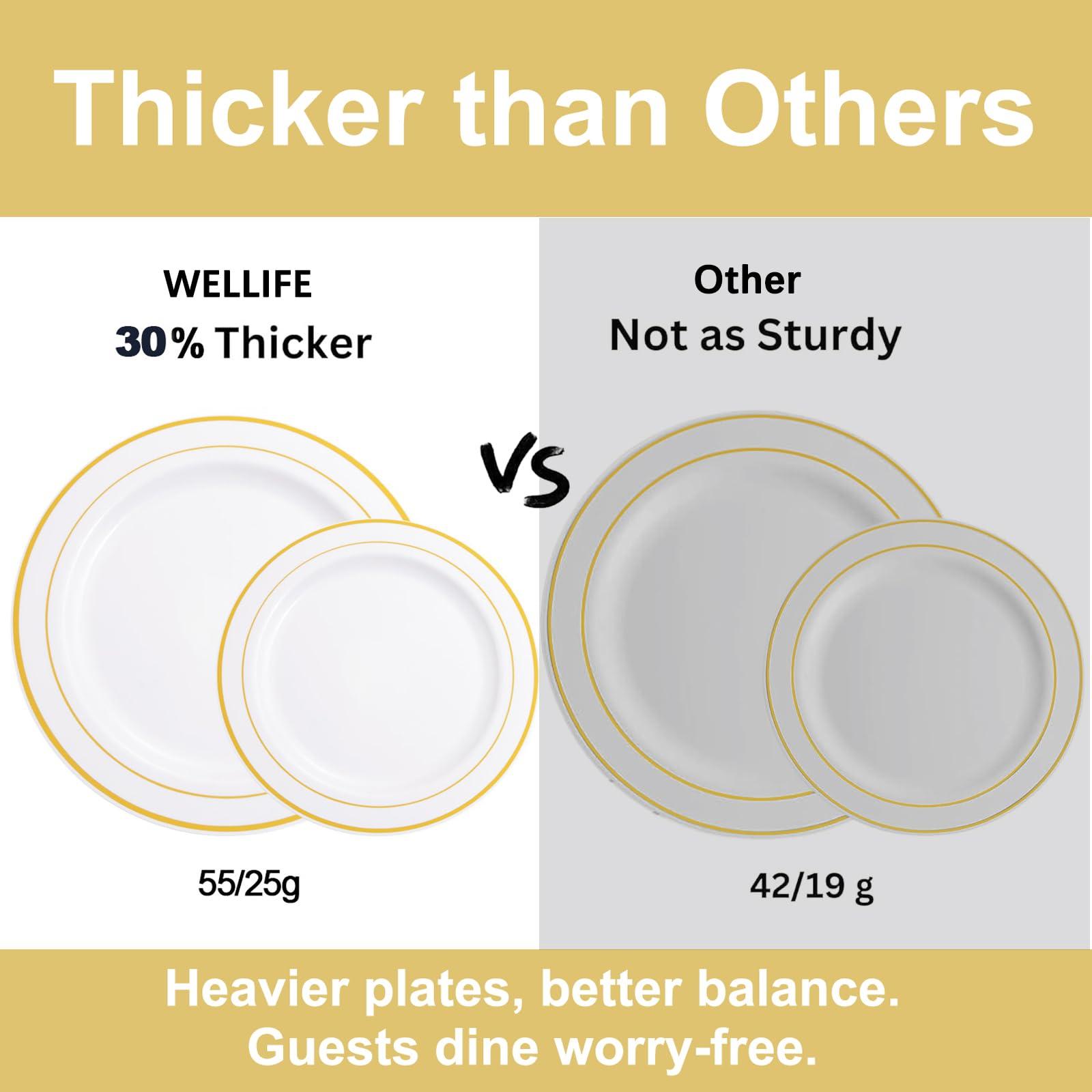 WELLIFE 350-Piece Gold Disposable Plates and Cutlery Set - Premium 10.25" Dinner Plates, 7.5" Dessert Plates, 9oz Cups & Cutlery for Weddings, Catering Events - 50 Guest Service - Elegant & Sturdy - Image 4