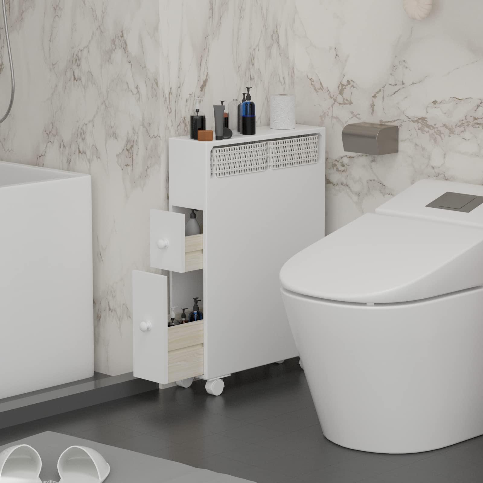 MASAKA B&W Movable Bathroom Cabinet with 2 Drawers, Shelf & Corner Shelves - Toilet Paper Storage & Side Organizer