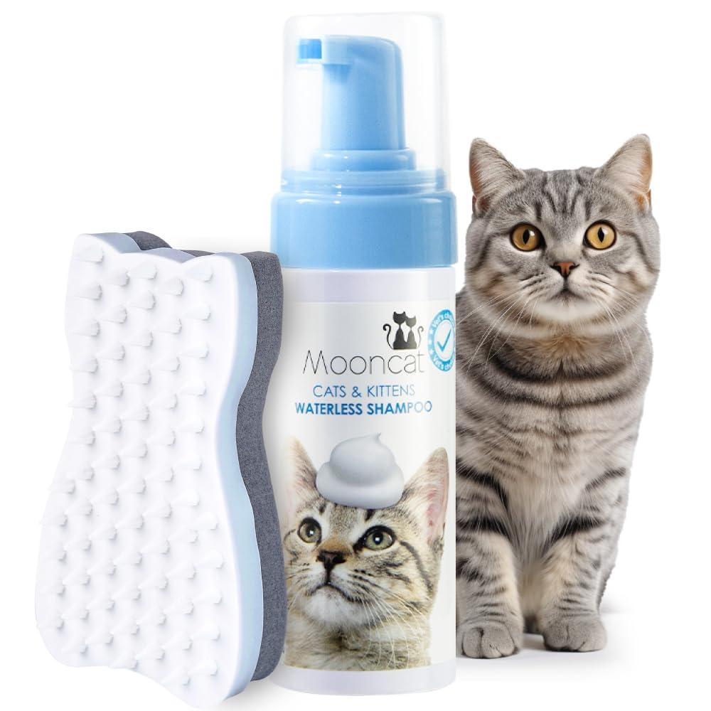 Mooncat Waterless Cat Shampoo+Cat Brush, Licking Safe Dry Shampoo for Cats, No Rinse Foam Cat Bath, Grooming for Cat, Kitten Sensitive Skin, Dander Reducing, Paraben Free, pH Balanced (5 oz) - Image 1