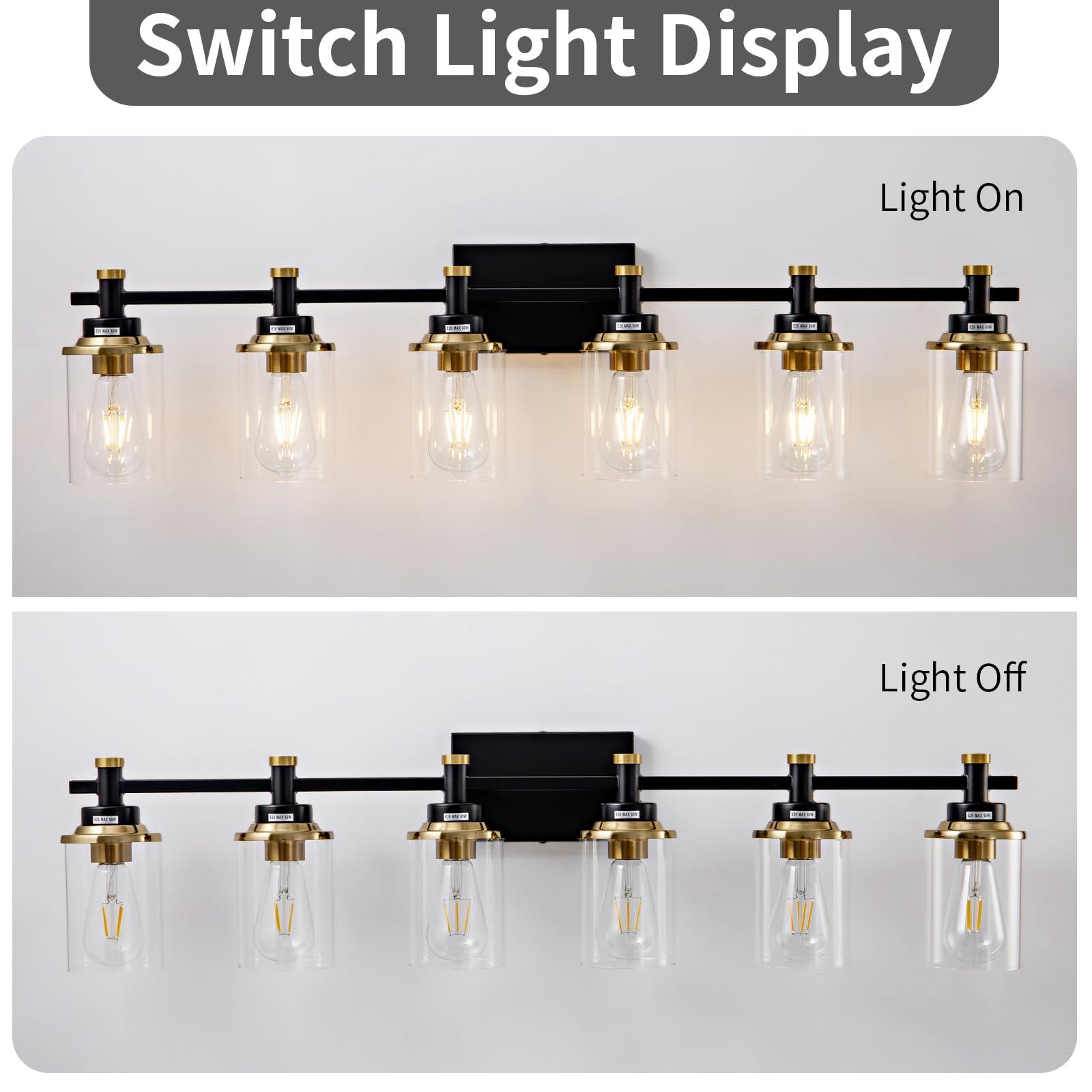Aixialin 6 Bathroom Vanity Lights, Black and Gold Bathroom Light Fixtures, Sconces Wall Lighting with Clear Glass Shade, Modern Brushed Gold Vanity Lighting Fixtures for Bathroom, Bedroom, Hallway - Image 3