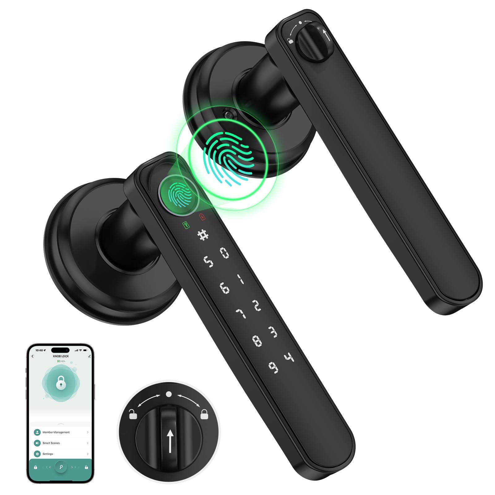 Fingerprint Door Lock, Smart Door knob, Biometric Door Lock, Bedroom Door knob with Code and App, Keypad Keyless Entry with Handle for Home Hotel Office Apartment
