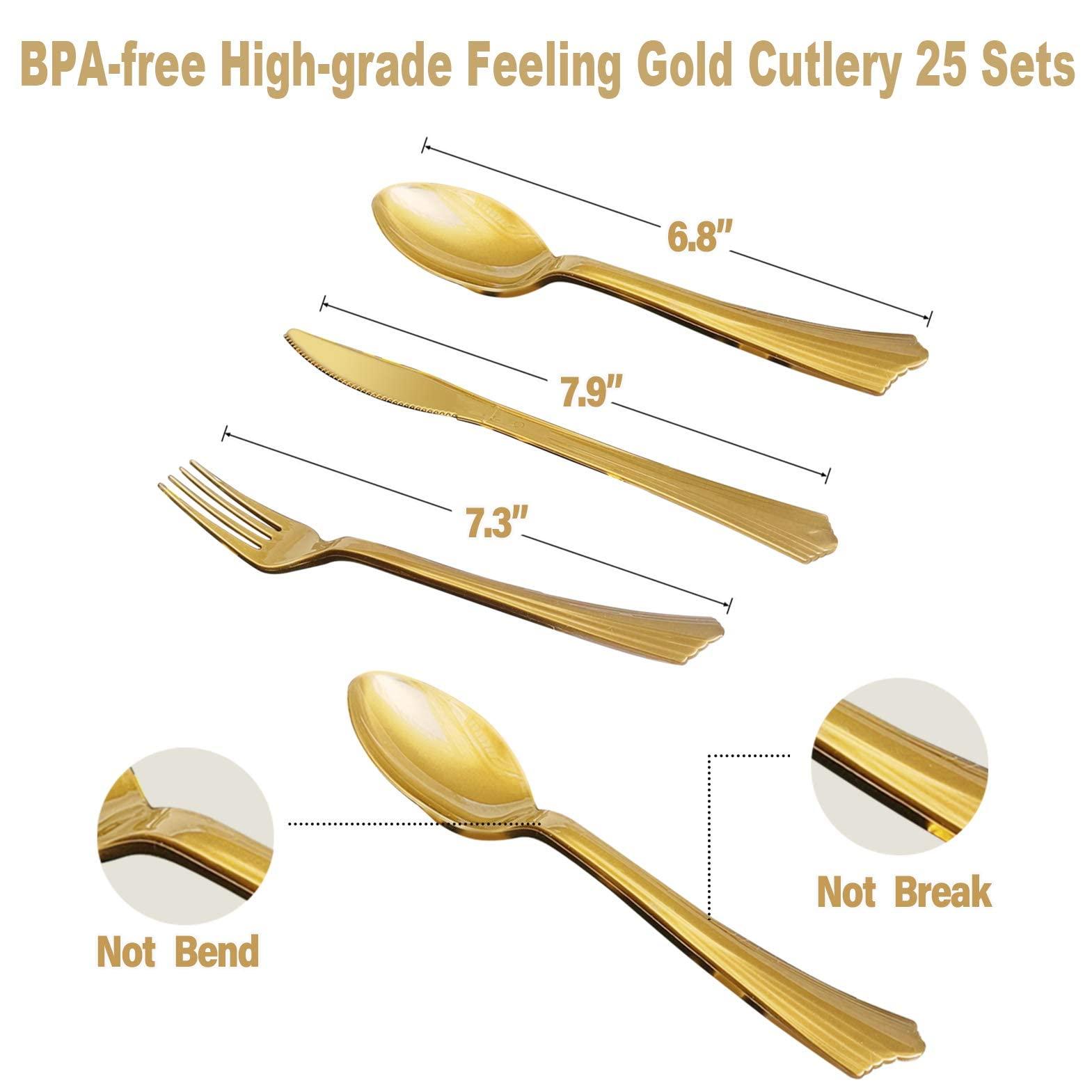 175PCS White and Gold Party Supplies, Severs 25 Disposable Party Dinnerware, Gold Plastic Forks Knives Spoons and Golden Dot Paper Plates, White Napkins Cups for Graduation, Birthday, Wedding - Image 4