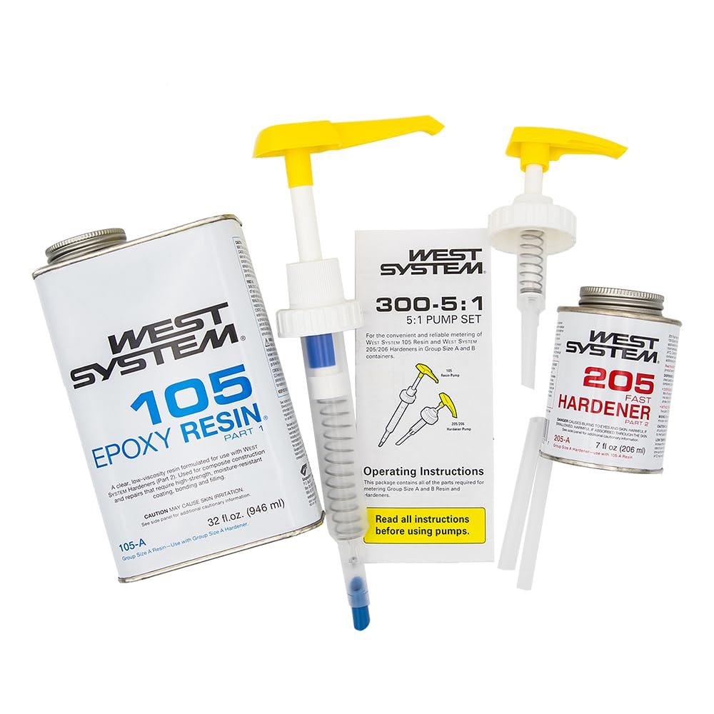WEST SYSTEM 105A Epoxy Resin (32 fl oz) Bundle with 205A Fast Epoxy Hardener (7 fl oz) and 300 Mini Pumps Epoxy Metering 3-Pack Pump Set (3 Items)