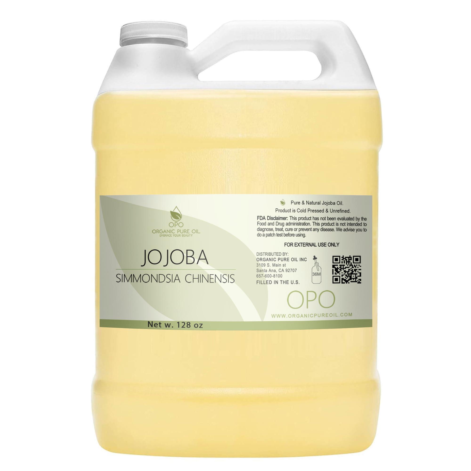Golden Jojoba Oil - Pure Cold Pressed, Non-GMO, Bulk 128 oz - 1 Gallon Hohoba Carrier Oil for DIY, Formulations, Essential Oils, Cleansing, Moisturizer for Face, Hair, Body, by Organic Pure Oil
