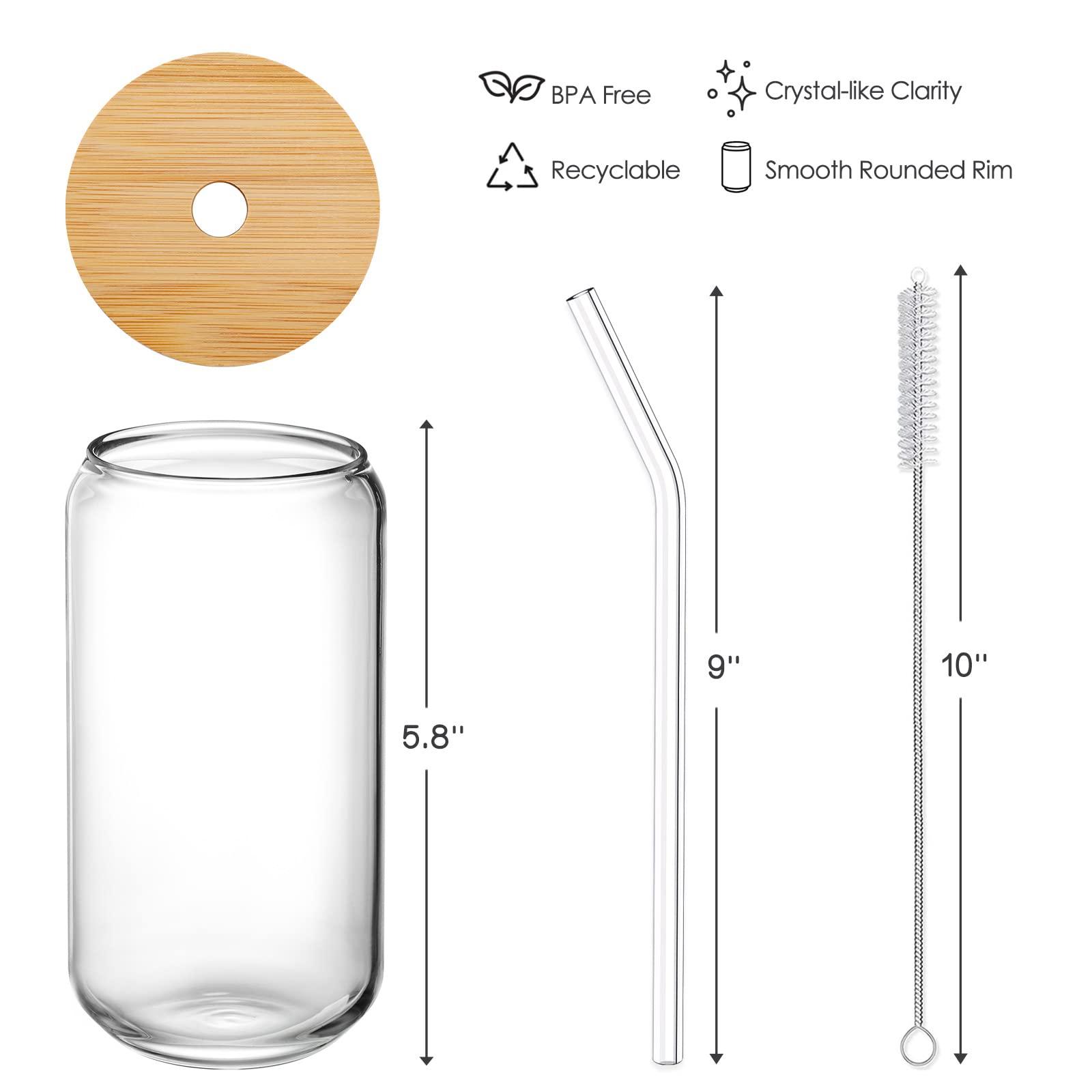 Drinking Glasses with Bamboo Lids and Glass Straw 4pcs Set - 16oz Glass Cups, Iced Coffee Glasses, Cute iced Tea Glasses, Beer Glasses, Ideal for Coffee Bar Accessories, Aesthetic Gift - 2 Brushes - Image 3