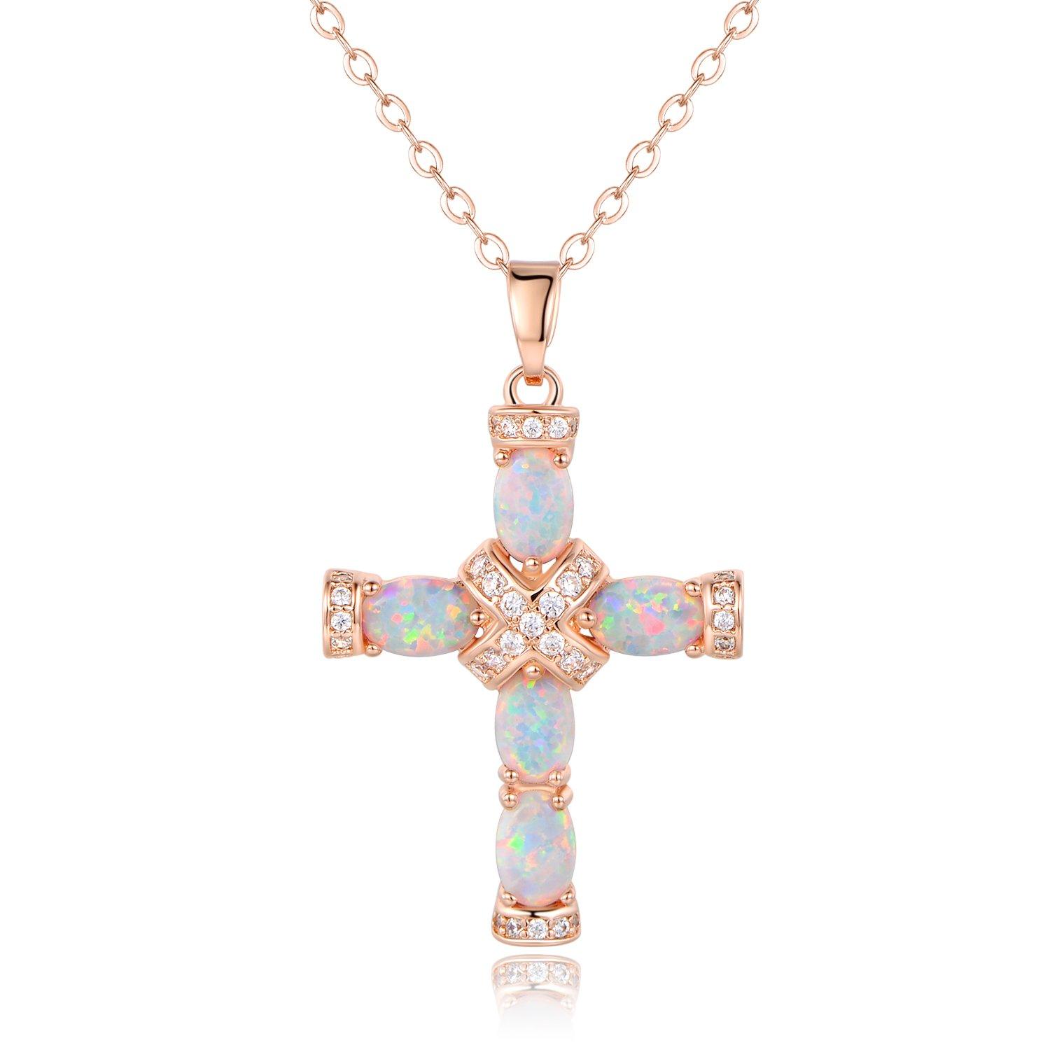 Barzel 18K Gold Plated Created Opal Cross with Chain, 18 Inches with 2 Inches Extension