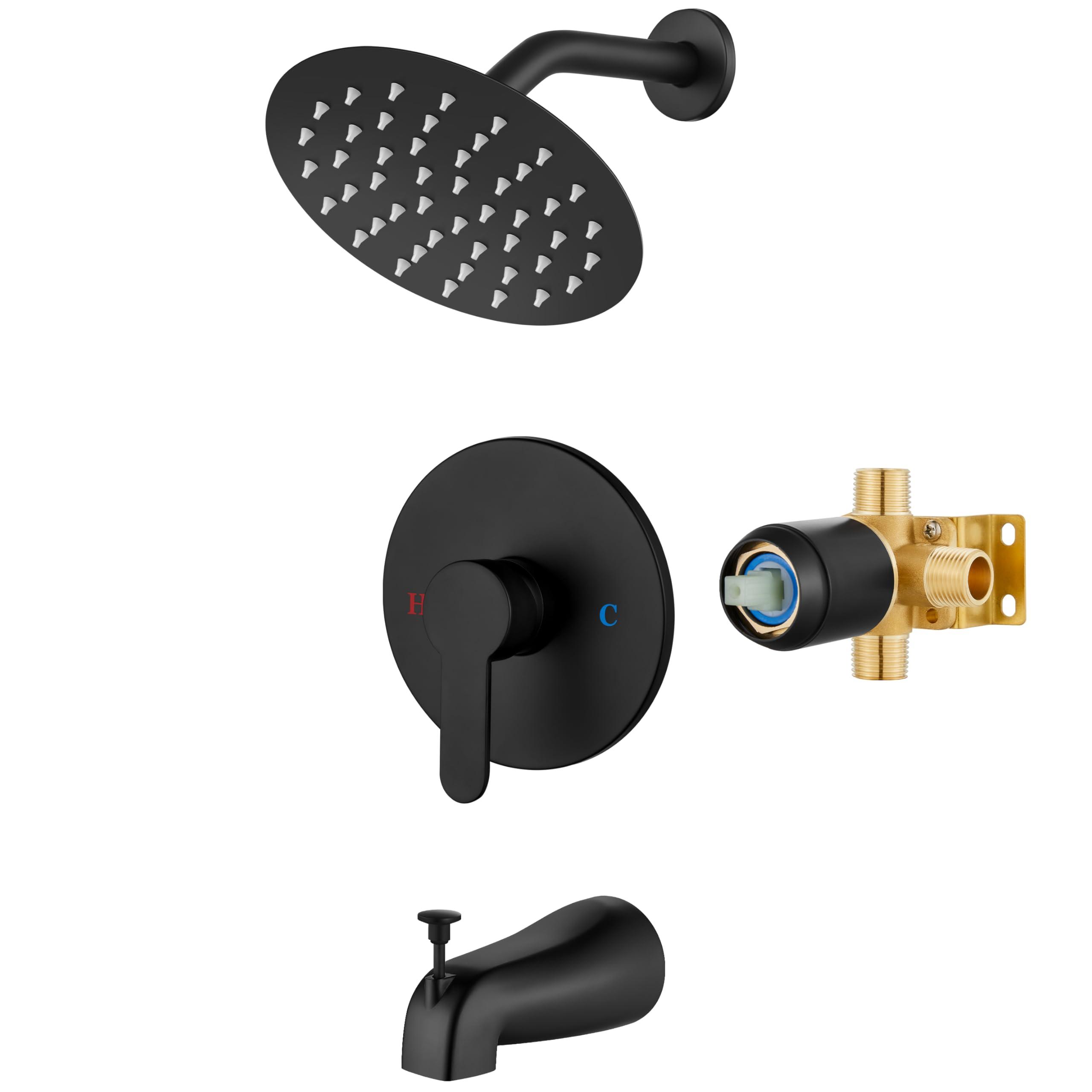 Airuida Shower Faucet Set with Tub Spout Bathtub Faucet Kit Shower Tub Faucet Set Complete Tub Shower Trim Kit with Solid Brass Rough-in Valve Rainfall Round 6 Inch Shower Head Matte Black - Image 1