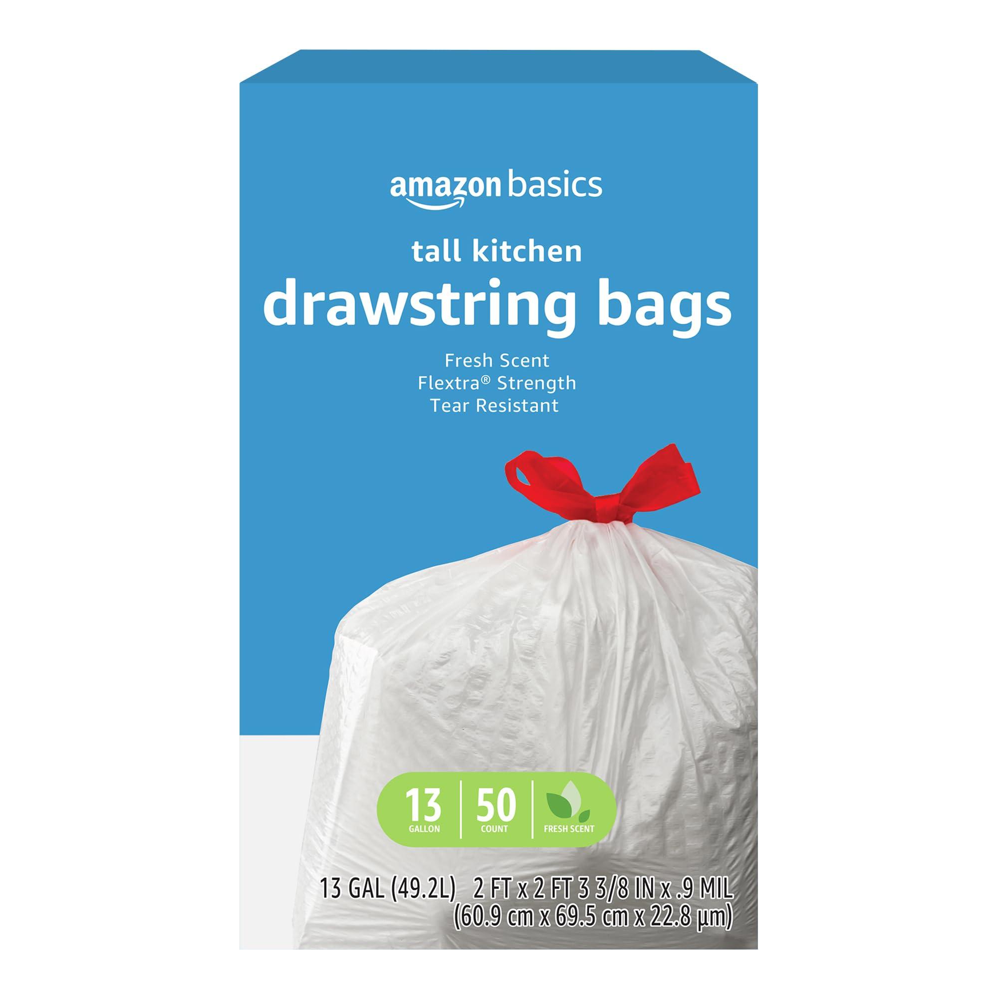 Amazon Basics Flextra Tall Kitchen Drawstring Trash Bags, Fresh Scent, Tear Resistant, 13 Gallon, 50 Count, Pack of 1