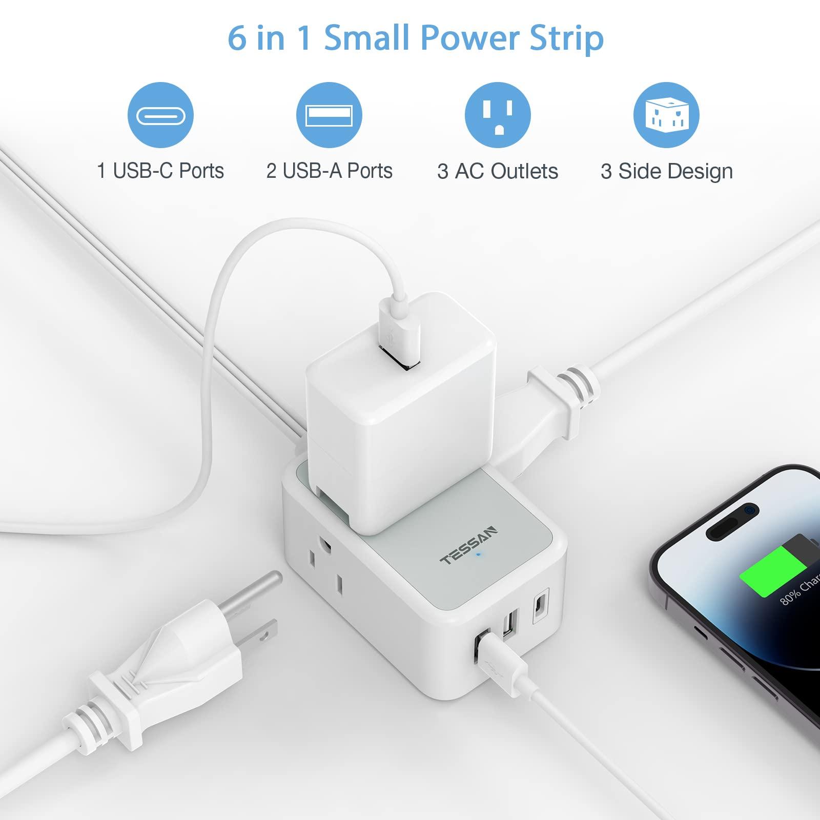 Small Flat Plug Power Strip, TESSAN Ultra Thin Extension Cord with 3 USB Wall Charger (1 USB C), 3 Outlets Mini Charging Station, 5 ft Slim Plug for Cruise Travel Office School Dorm Room Essentials - Image 3