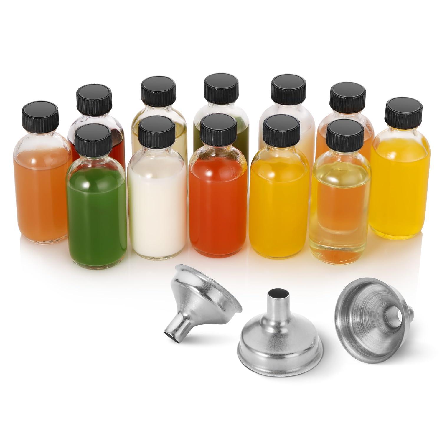 AOZITA 12 Pack, 2 oz Small Clear Glass Bottles w/Lid & 3 Funnels - 60ml Boston Shot Bottles for Health, Immunity, Potion, Wellness, Sample, Ginger, Juice - Mini Personal Care & Beauty Travel Bottle - Image 8
