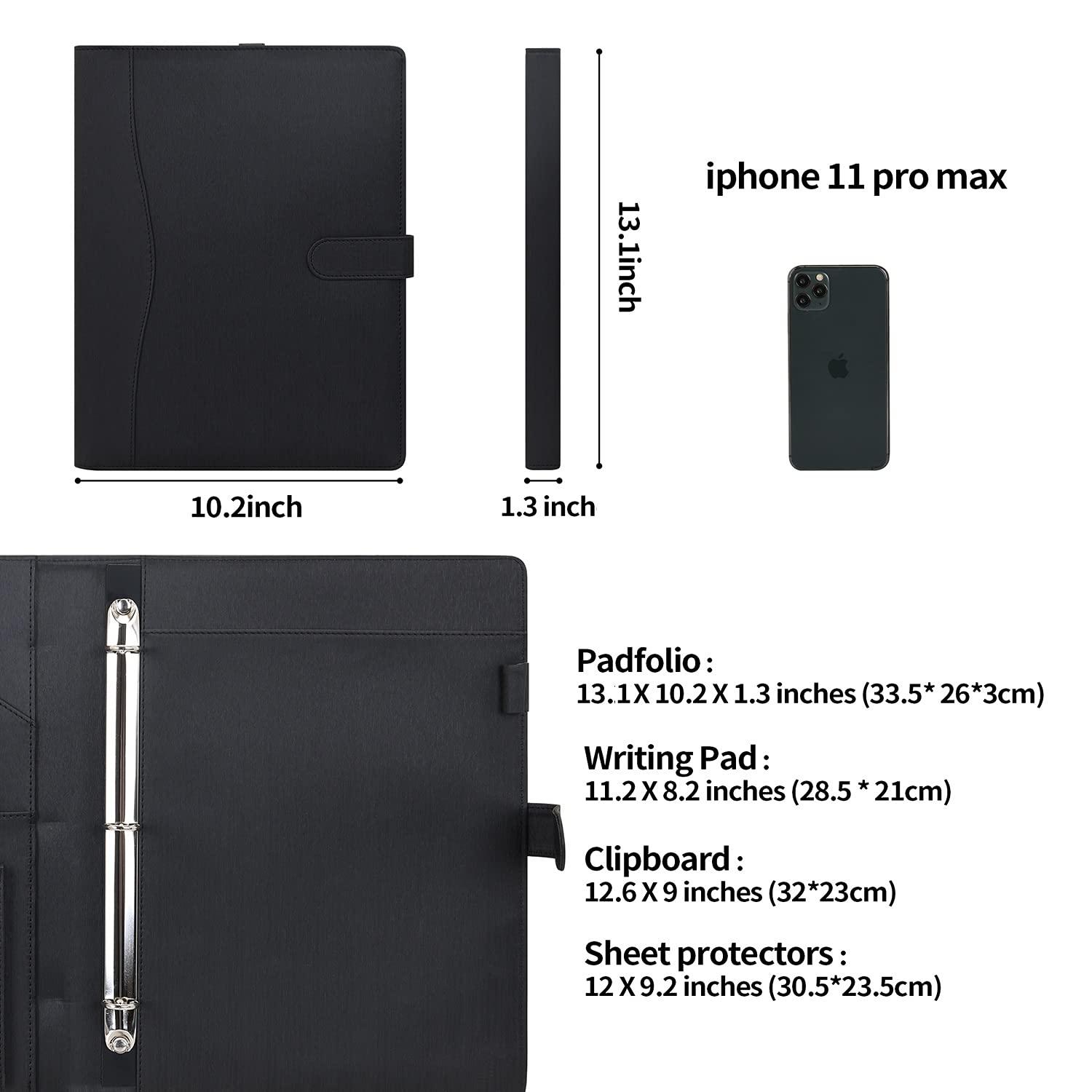 Wonderpool A4 PU Leather Portfolio Holder Ring File Document Case with Removable Binder Clipboard, Multi Pocket and Legal Pad for Business Organizer Interview and Meeting (Black) - Image 3