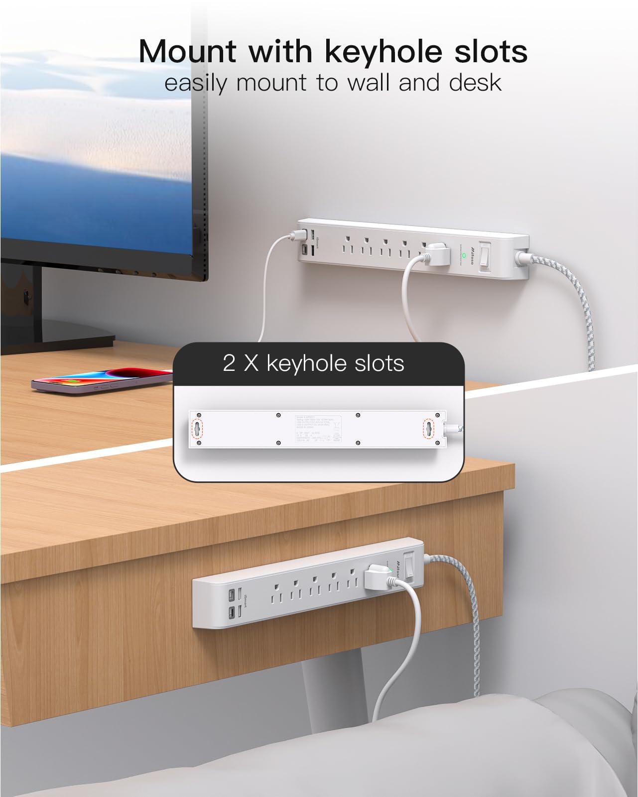 2 Pack Power Strip, 12FT Long Extension Cord, Surge Protector with 6 Outlets and 4 USB Ports (2 USB C), Flat Plug Overload Protection, Extension Cord 10+ ft, Wall Mount for Home Office Dorm College - Image 6
