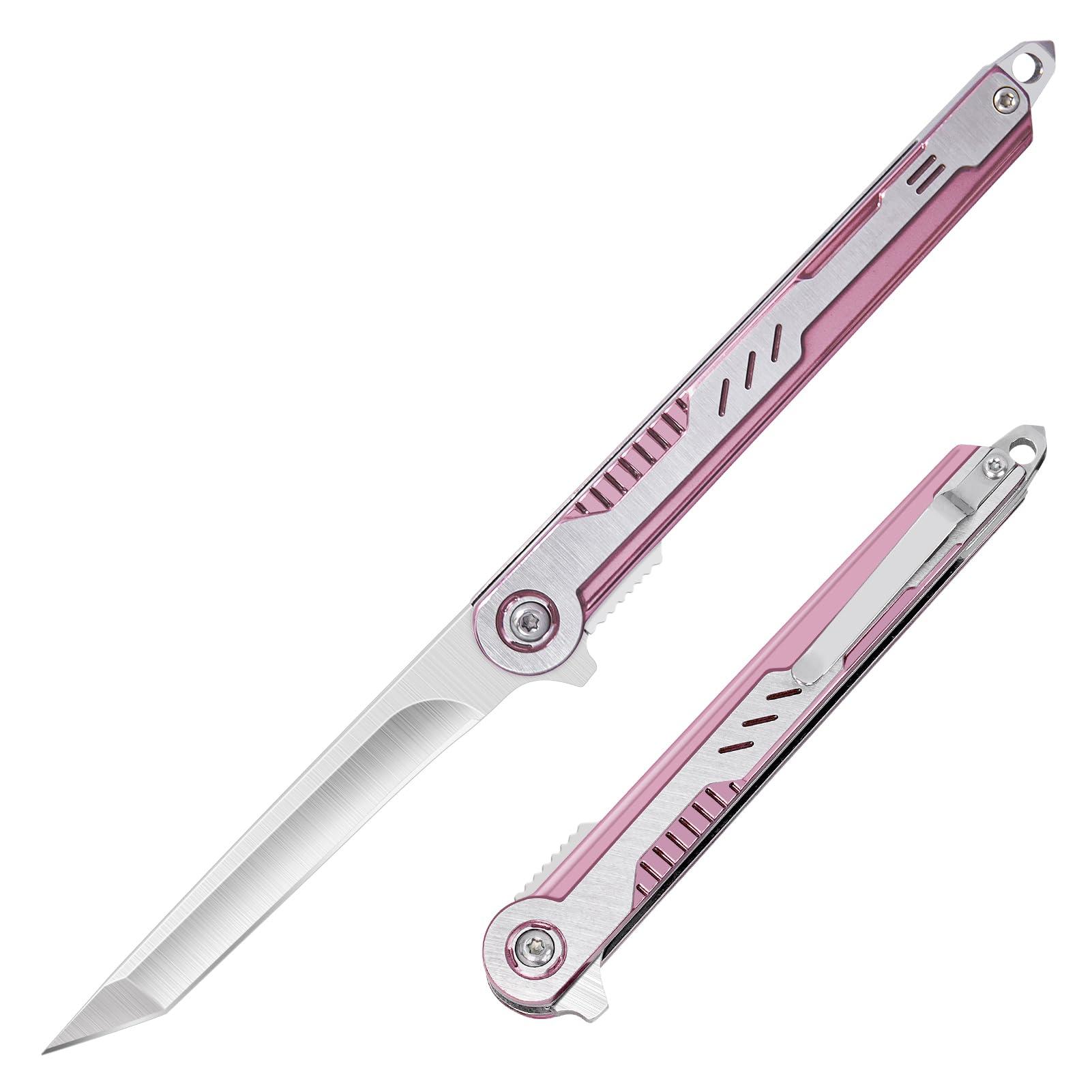 FUNBRO Pink Pocket Knife for Women - Slim EDC Knife with 7CR13Mov Steel Tanto Blade, Clip and Glass Breaker - Womens Knife for Camping - Cute Girl Survival Tool Pocket & Folding Knives