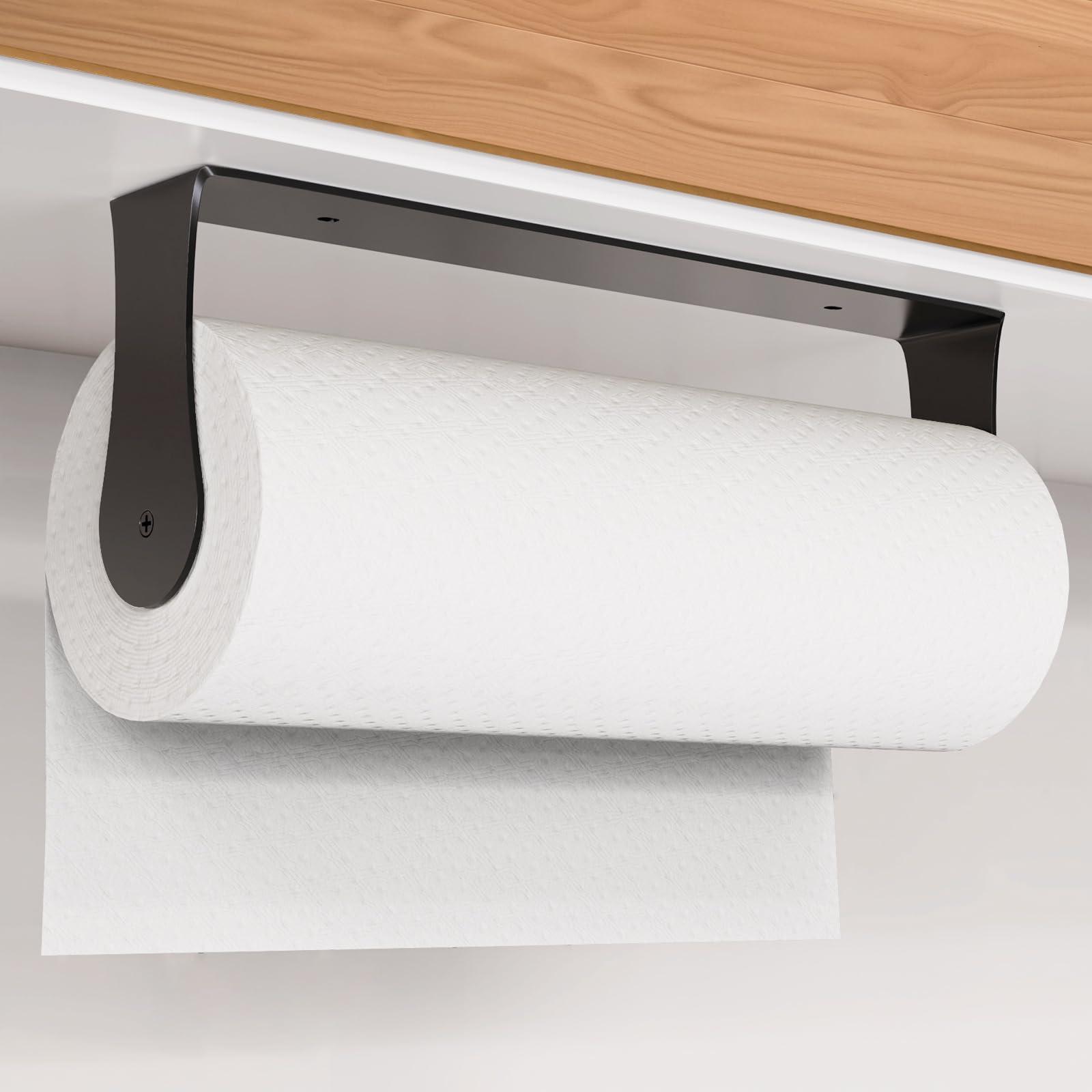 HZE Paper Towel Holder Under Cabinet, Stainless Steel, Black Wall Mount Paper Towel Holder for Kitchen and Bathroom, Adhesive or Screws