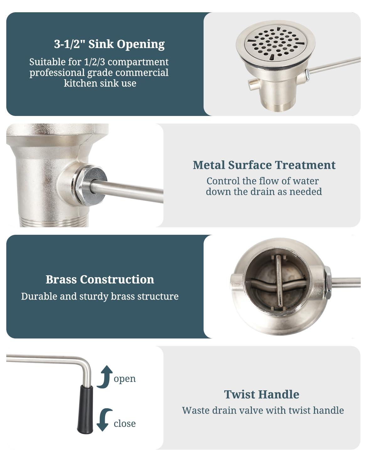 Phivan 3-1/2 Inch Commercial Sink Drain with Twist Handle Kitchen Sink Opening Waste Drain Valve Stopper Prevents Sink Clogged Overflow for 1/2/3 Compartment Sink Style Drains - Image 4