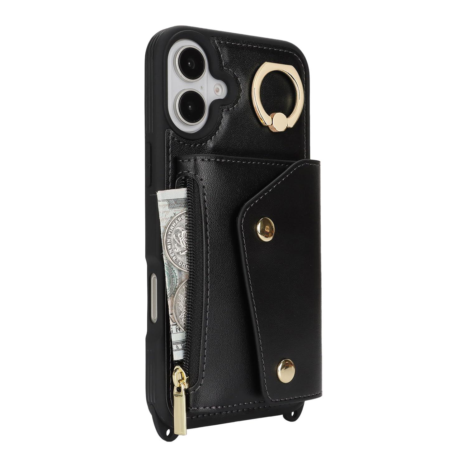 Lipvina for iPhone 16 Case with Card Holder and Strap - Zipper Pocket,Crossbody Lanyard Strap,Credit Card Holder,Stand Ring,Cute Phone Wallet Case for Women(Black,6.1 Inch) - Image 5