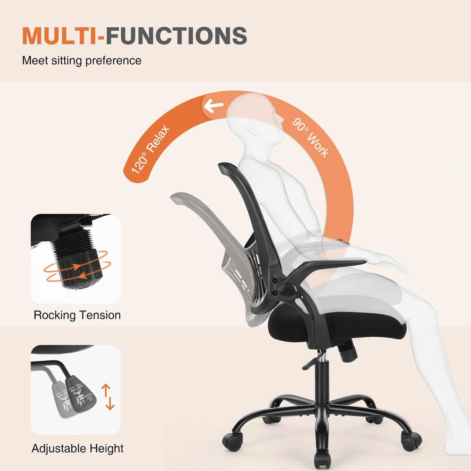 Sweetcrispy Office Computer Desk Chair, Ergonomic Mid-Back Mesh Rolling Work Swivel Task Chairs with Wheels, Comfortable Lumbar Support, Comfy Flip-up Arms for Home, Bedroom, Study, Student, Black - Image 5