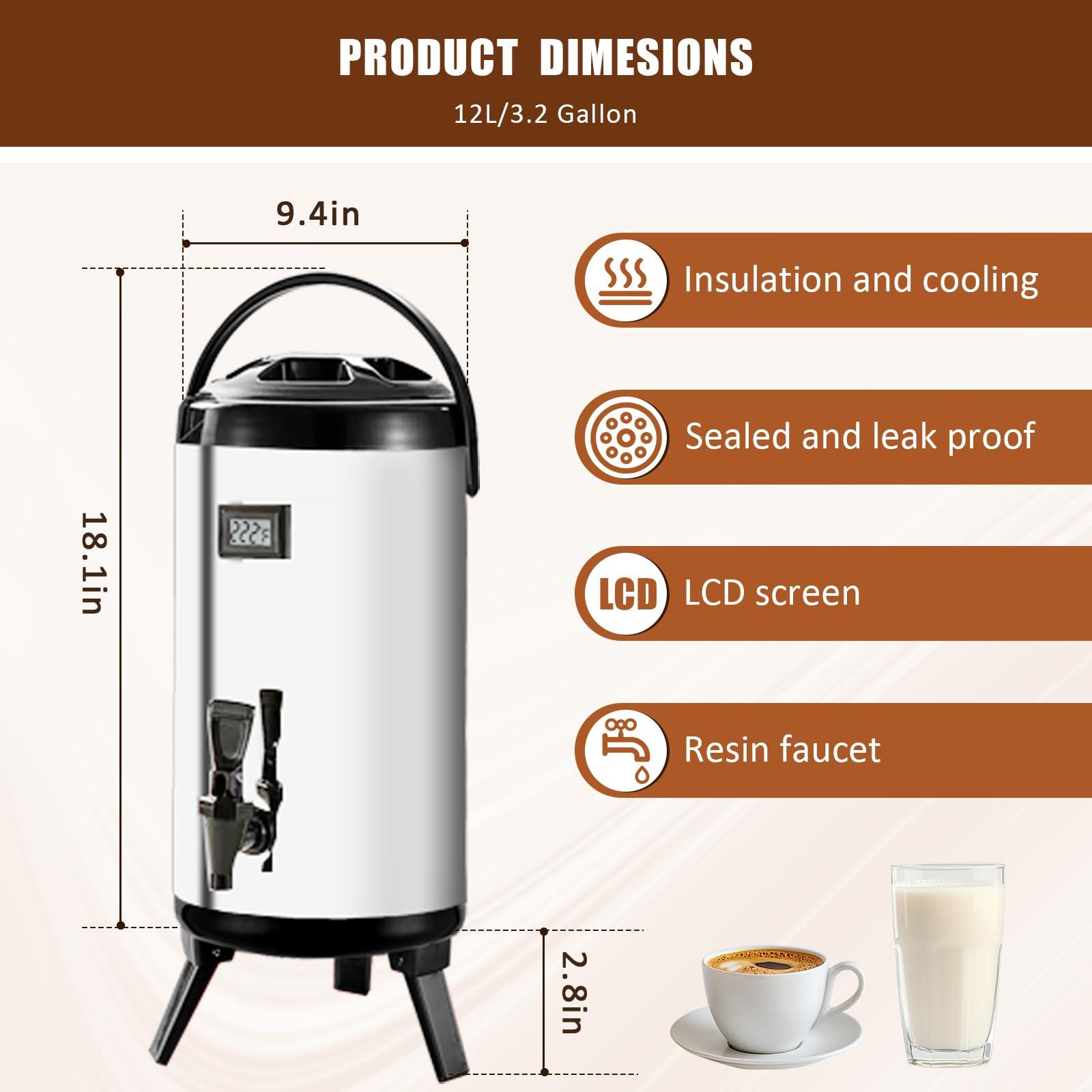 Insulated Beverage Dispenser,12L/3.2Gal Coffee Dispenser,Tea Dispenser,Coffee Carafe,Thermos Urn,Hot and Cold Drink Dispenser Faucet with thermometer For Hot Tea&Coffee,Cold Milk,Water,Juice(silver) - Image 3