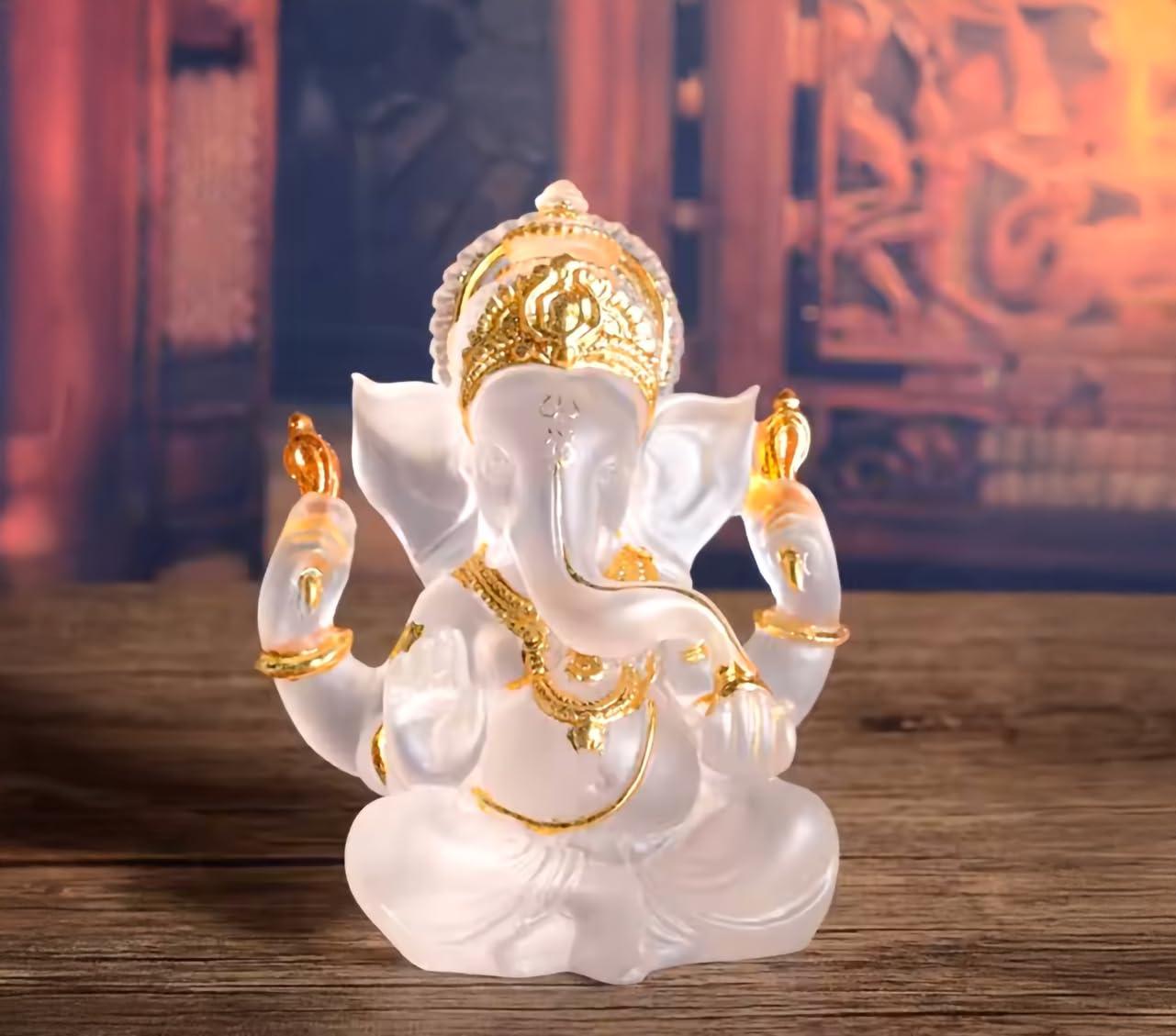 Ganesh Idol Transparent Statues for Table Or Car Dashboard 14 CM Long for Home Pooja Multi Color Glass Look Ganpati Murti Puja for Home Mandir Diwali Gift Ganesha Yoga Calm Decor (White)
