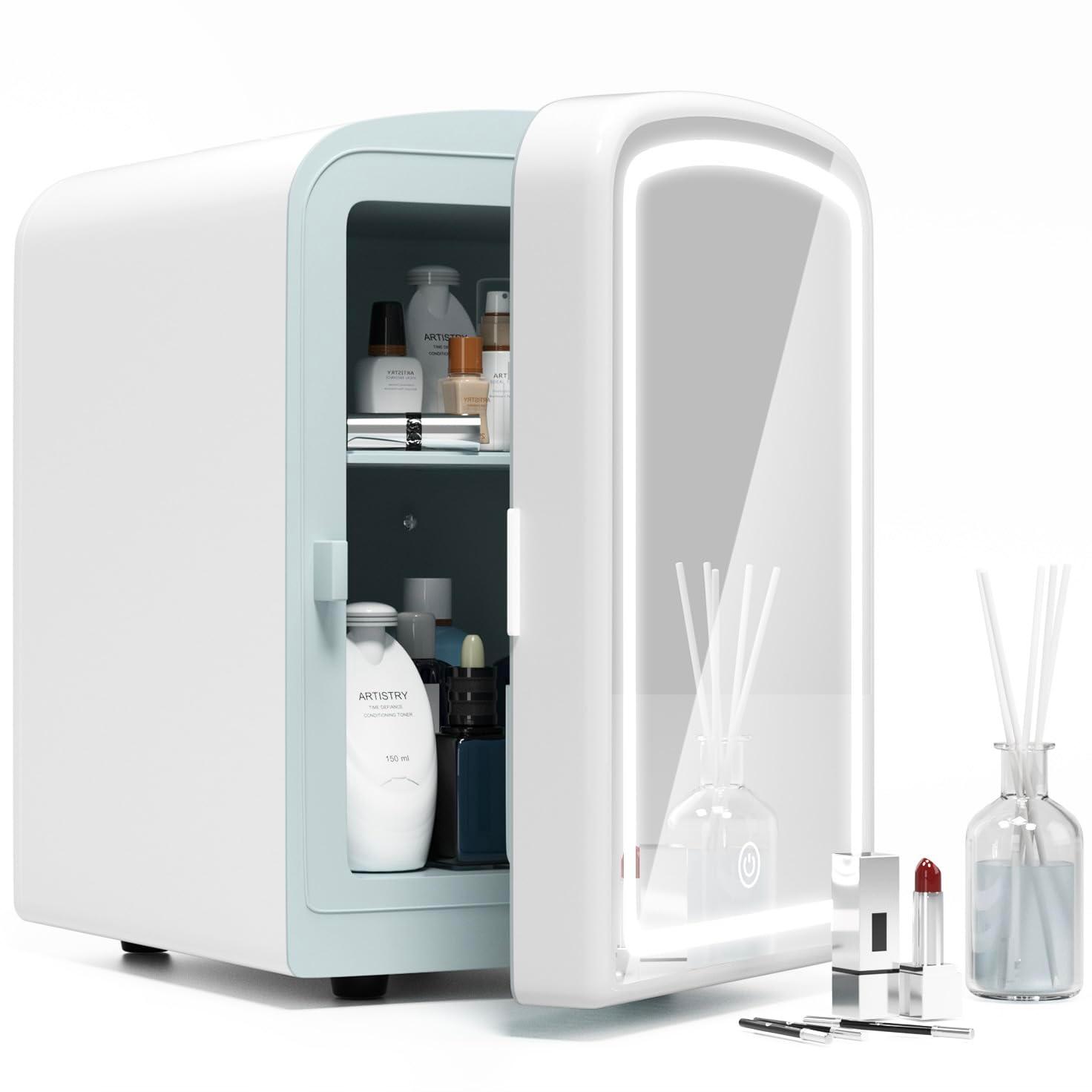 COYCYQI Mini Fridge for Skin Care, 4 Liter Portable Small Fridge with Dimmable LED Mirror, Cooling and Warming Function Personal Beauty Refrigerator for Bedroom, Office, Car, Makeup (White)
