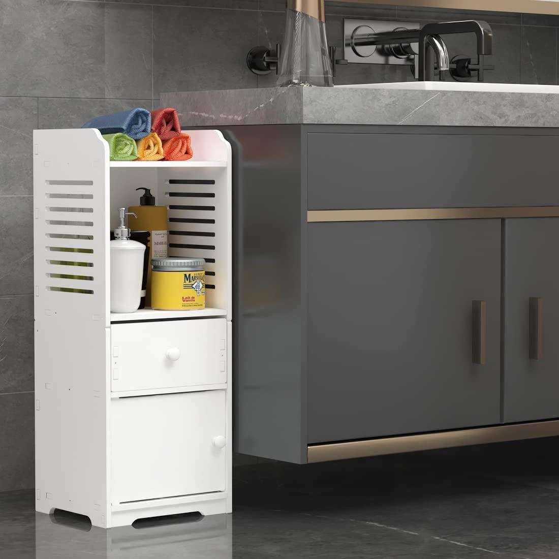 Rerii Bathroom Storage Cabinet, Small Floor Bathroom Organizer Free Standing, Side Toilet Cabinet with Drawer and Door, White - Image 3