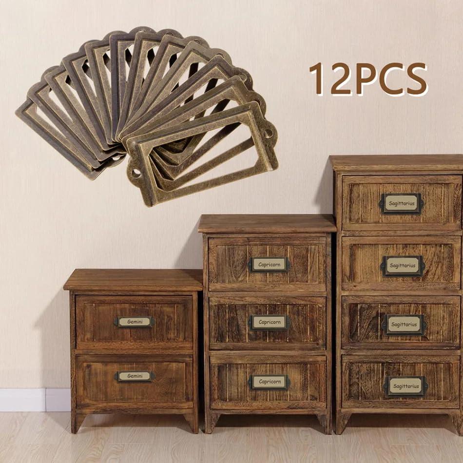 12Pcs Antique Brass Metal Label Pull Frame Handle File Name Card Holder for Furniture Cabinet Drawer Case - Image 3
