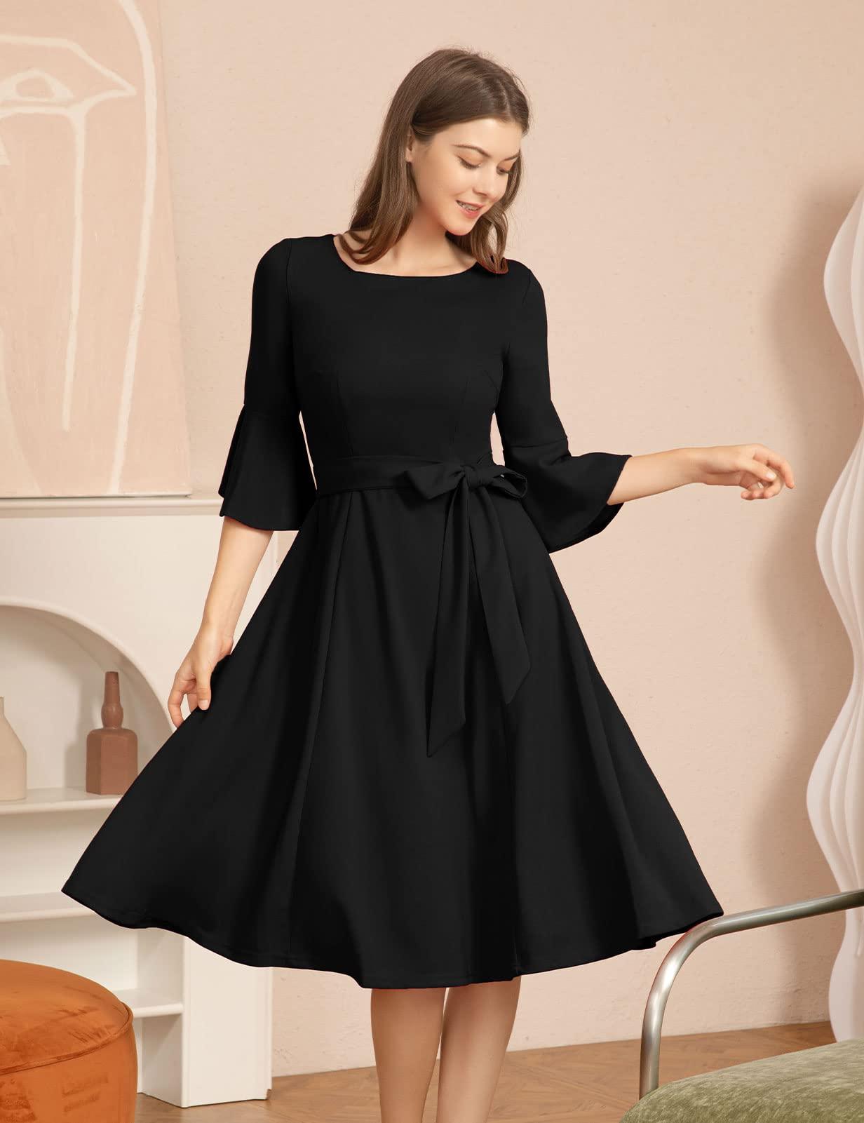 HomRain Women's Church Dresses for 2025 Wedding Guest Cocktail Tea Party Bell Sleeve Vintage Evening Graduation Dress - Image 2