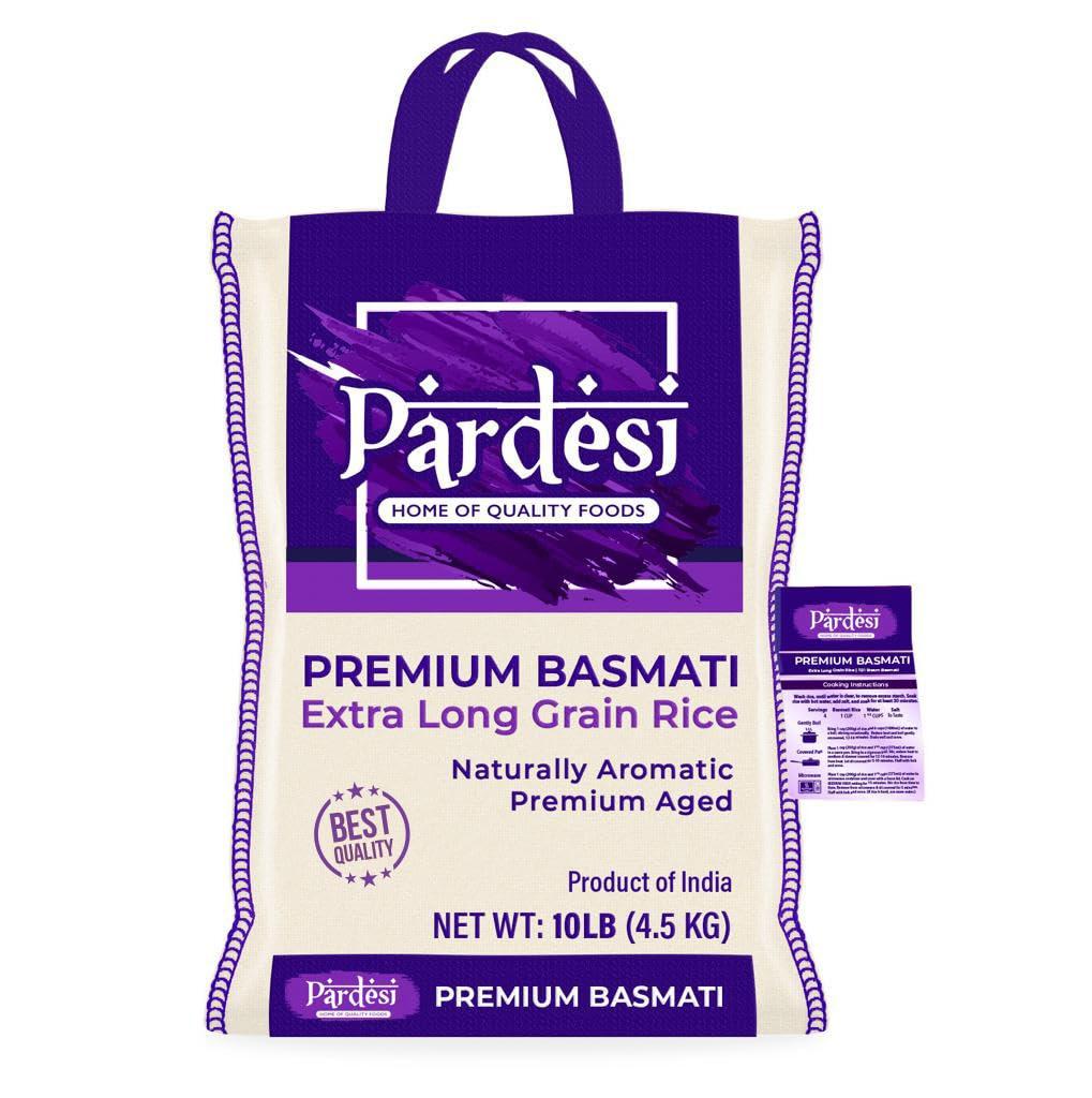 Pardesi Basmati Rice 10LB, Extra Long Grain - Premium Quality, Aromatic Flavor, Soft Texture, Perfect Cooking Choice - Perfect for Indian, Pakistani, Middle Eastern Cuisine