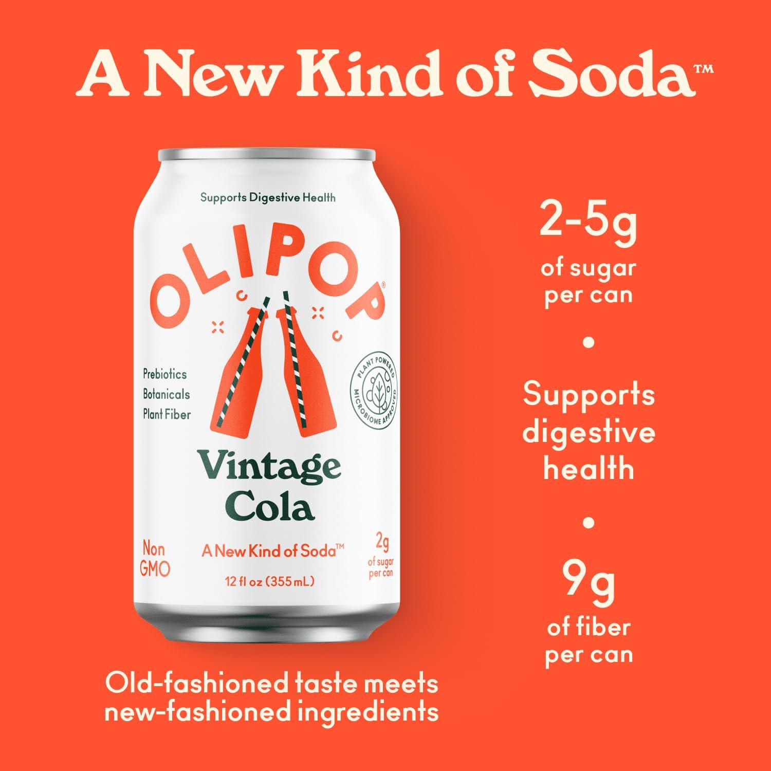 OLIPOP Prebiotic Soda Pop, Vintage Cola, A New Kind of Soda Packed with Prebiotics, Fiber, and Botanicals, Gluten Free, Vegan, GMO Free, 12oz (12-Cans) - Image 3