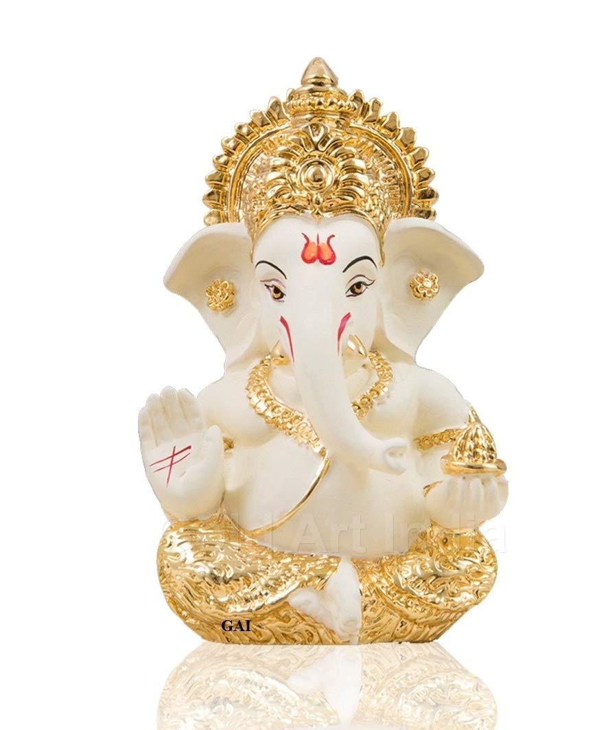 Gold Art India Gold and Silver Ganesh Idol for Car Dashboard Ganesha Murti Ganpati Idol for Home Decor Puja Lord Ganesh Statue Gift for Office Desk Puja Room Figurine (Gold and Cream)