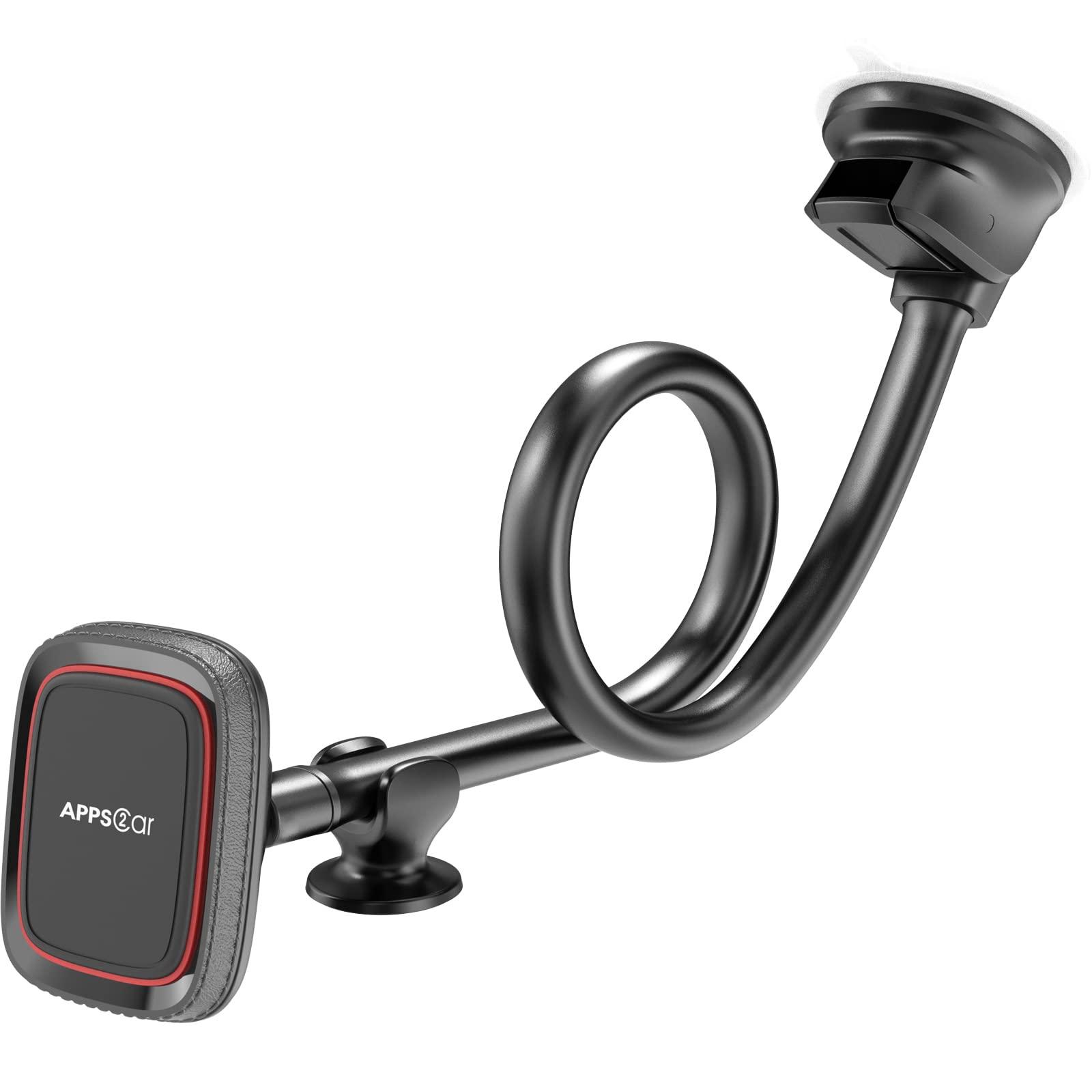 APPS2Car Magnetic Car Phone Holder Mount [Flexible Long Arm] Anti-Shake Windshield Phone Mount [6 Strong Magnets] Cell Phone Holder for Car [Case Friendly] Compatible with iPhone Smartphones Tablets