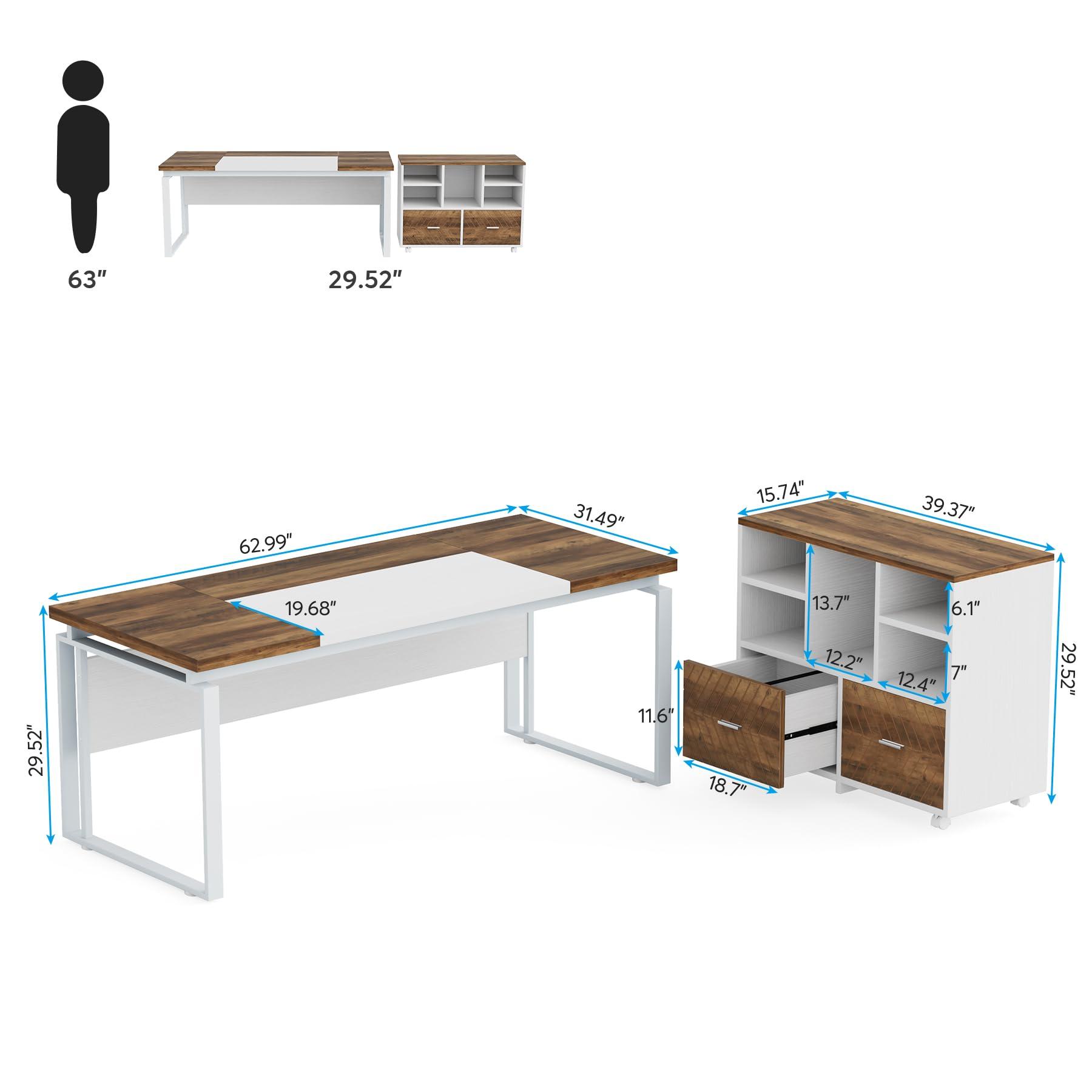 Tribesigns L-Shaped Executive Desk with Reversible File Cabinet, 63" Office Desk with Storage Drawers, Computer Desk Set (Oak Karo & White) - Image 2