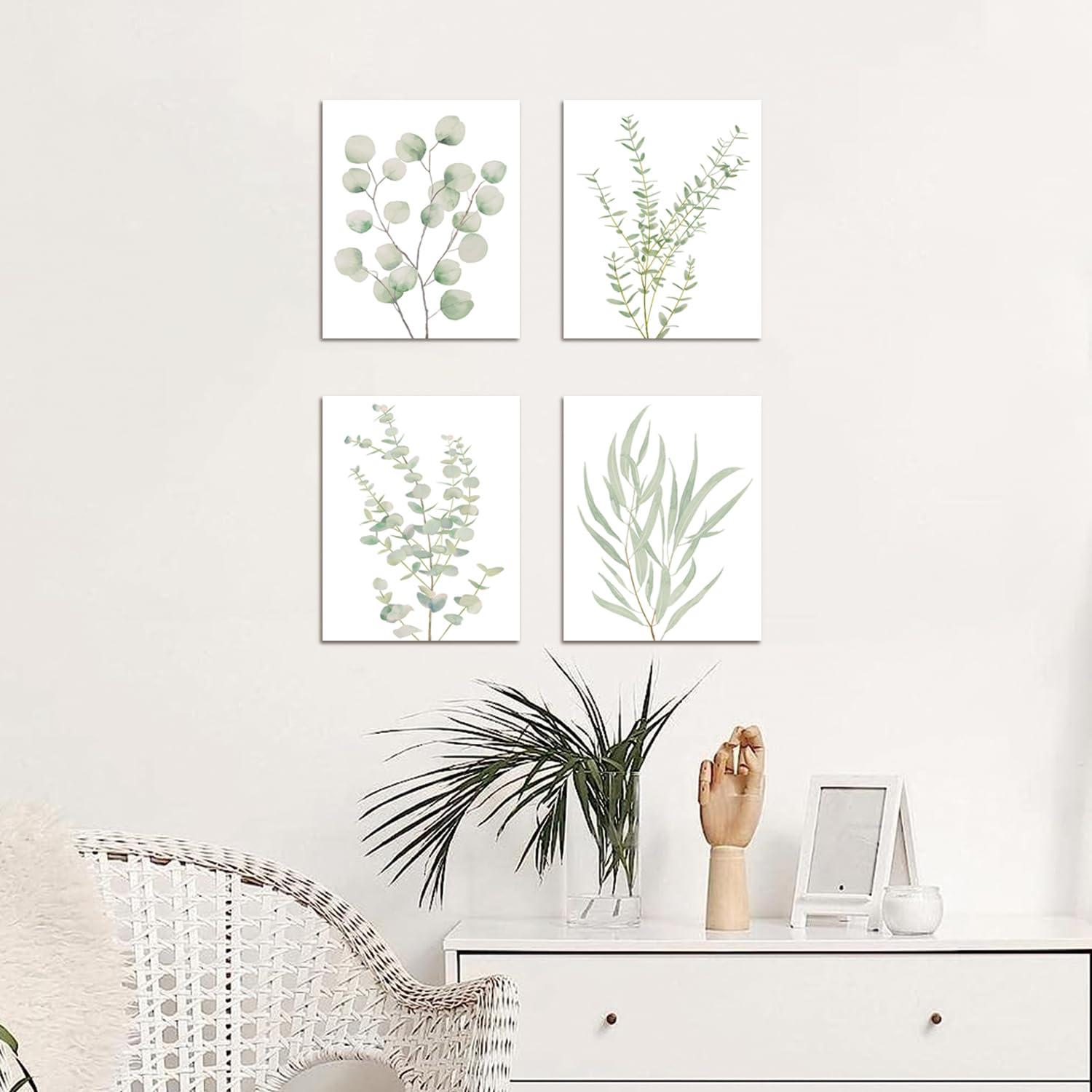 Erctoo Botanical Plant Canvas Wall Art, Framed Boho Wall Decor for Bathroom, Minimalist Aesthetic Bedroom Wall Art, Sage Green Eucalyptus Leaf Prints for Office, Set of 4PCS, 8”X10” - Image 7