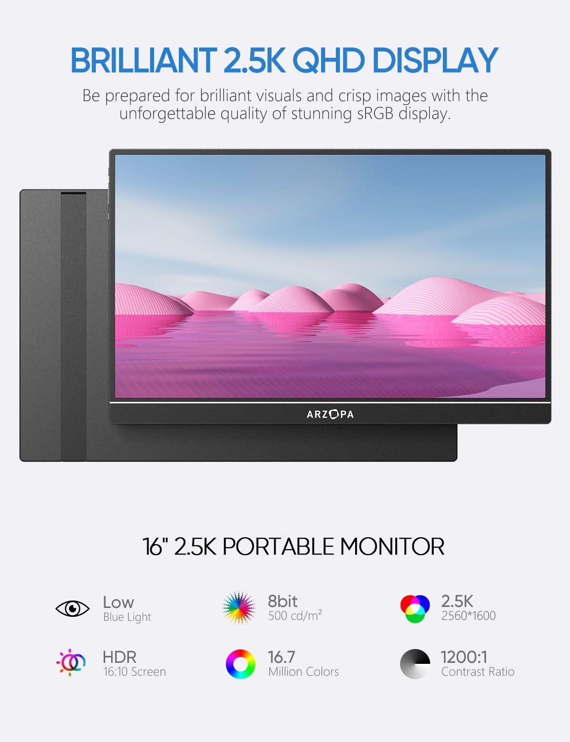 ARZOPA Z1RC 16" Portable Monitor IPS Display, External Second Screen, for Mac Laptop Phone PS4/5 Xbox Switch, 2.5K, 2560x1600, QHD, USB-C, HDMI, Built-in Stand, Eye Care, 123% sRGB - Image 3