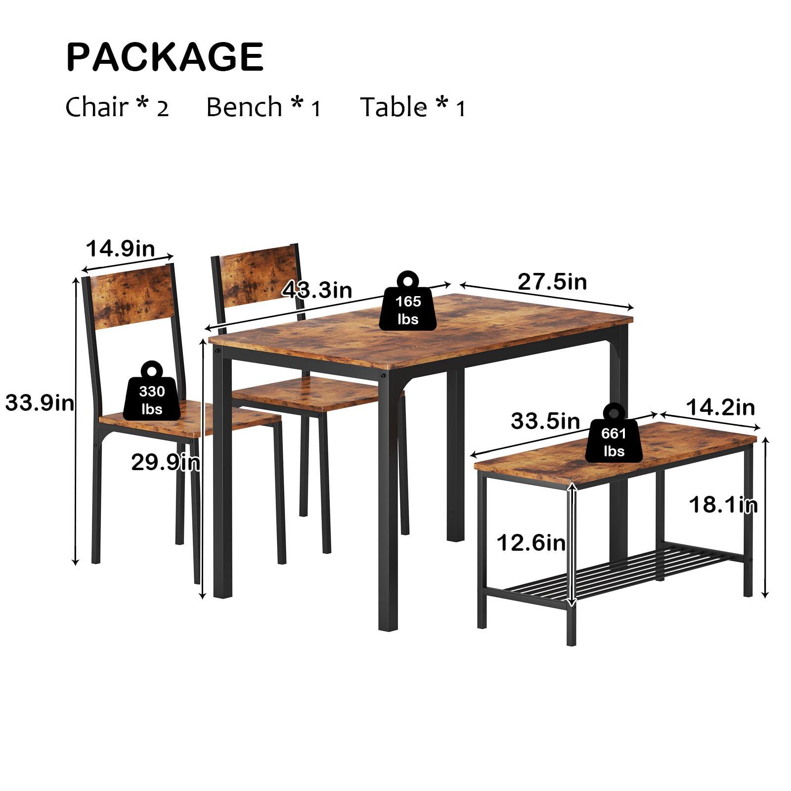 soges 4 Person Dining Table Set, 43.3inch Kitchen Table Set for 4, Dining Room 2 Chairs with Backrest, 2-Person Bench with Storage Rack, Vintage Brown - Image 3