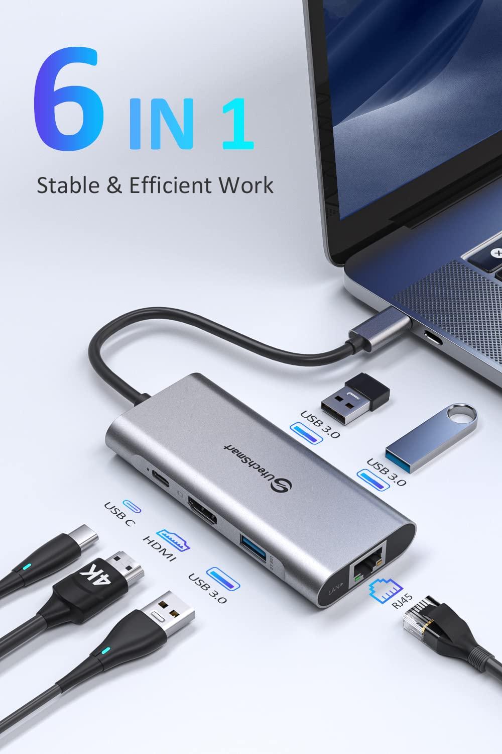 UtechSmart USB C Hub, USB C Ethernet Multiport Adapter, 6 In 1 USB C to HDMI Dock Compatible for Macbook Pro/Air, Chromebook, Dell XPS, HP and Type C Devices (Gigabit Ethernet 100W PD 4K HDMI USB 3.0) - Image 2
