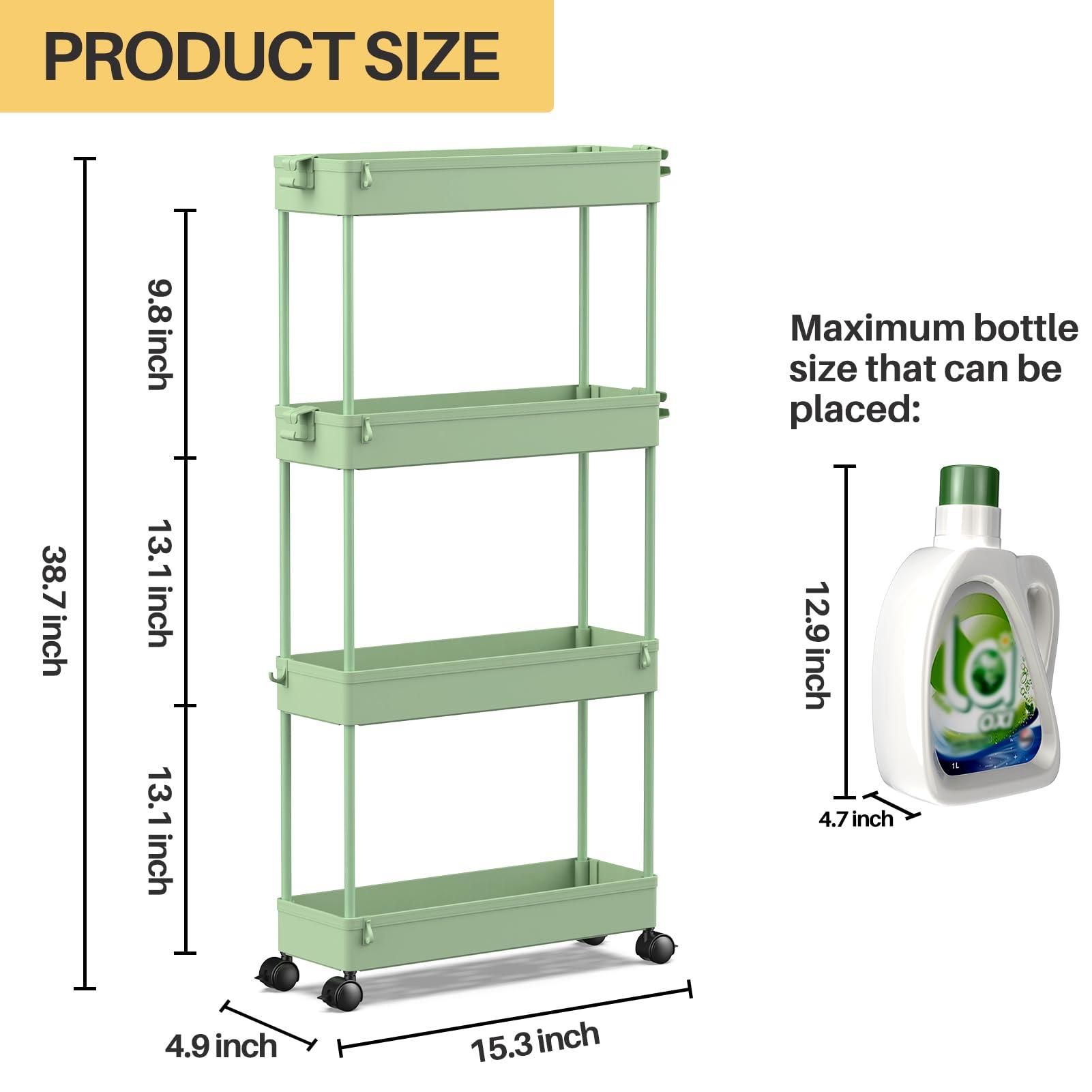 SPACEKEEPER Slim Rolling Storage Cart 4 Tier Bathroom Organizer Utility Cart Mobile Shelving Unit Tower Rack for Kitchen, Laundry Room, Bathroom, Narrow Places, Green - Image 3