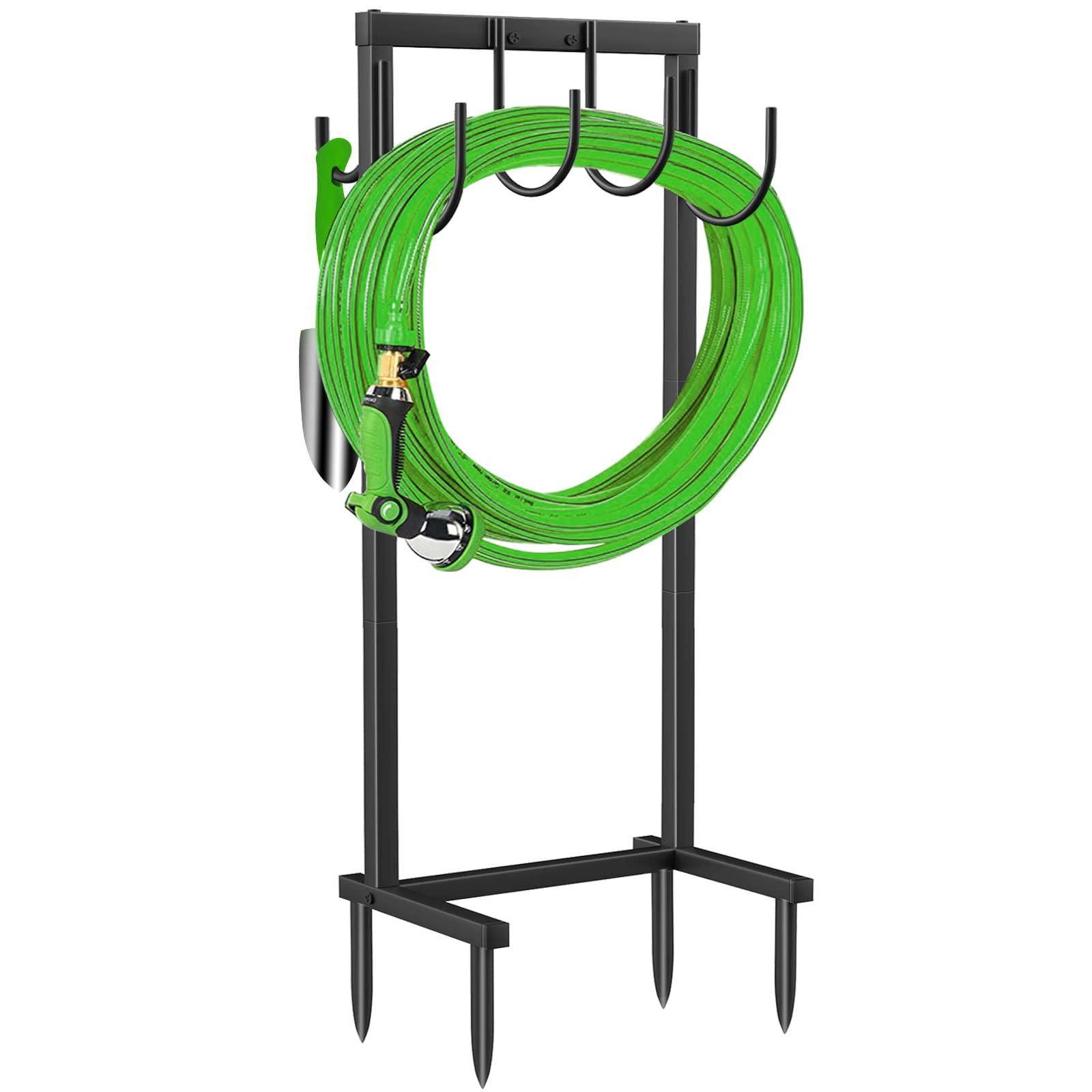 TomCare Garden Hose Holder Water Hose Holder with 4 Spikes Freestanding Garden Hose Storage Stand Sturdy Hose Hanger Heavy Duty 6 Hooks Hose Organizer for Outside, Black