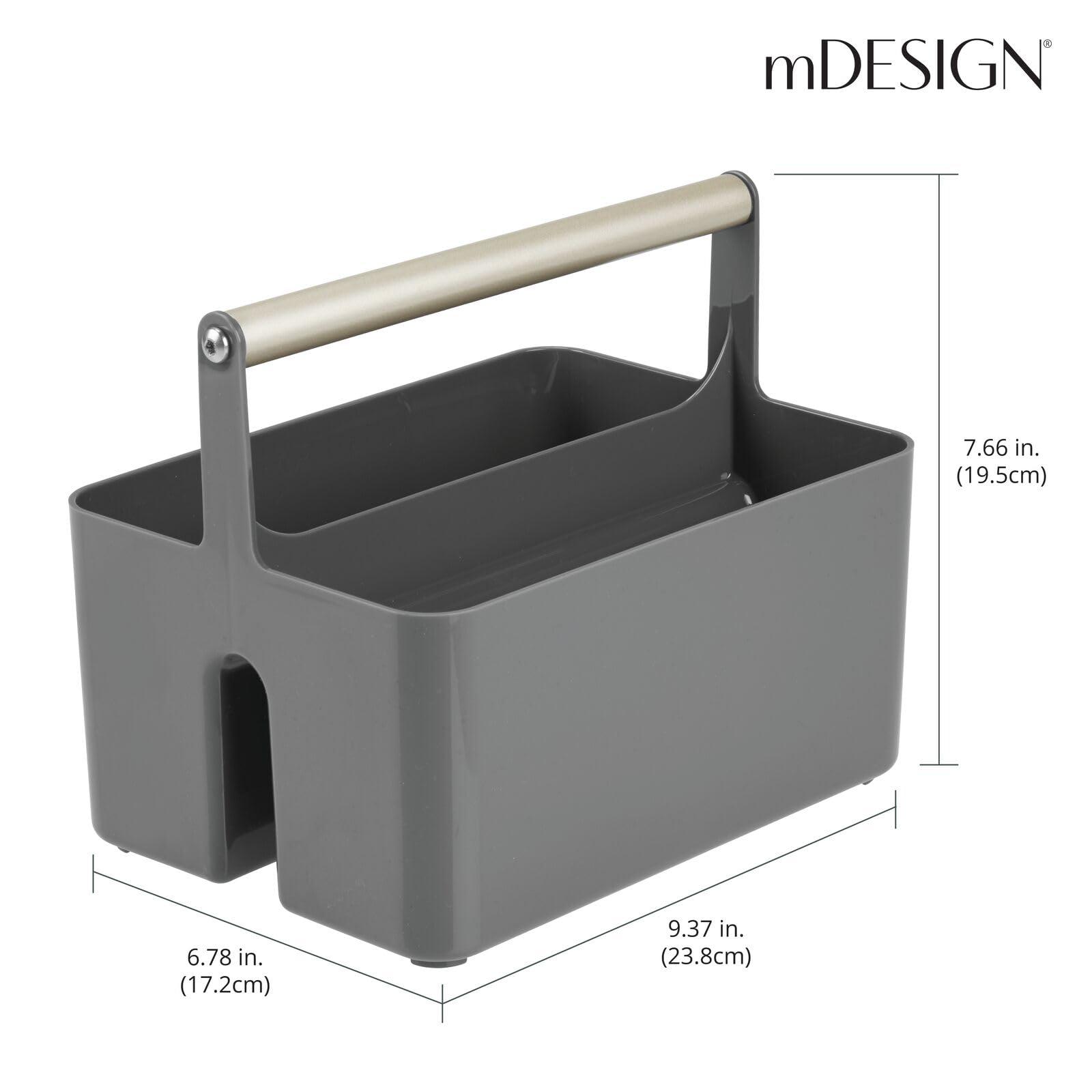 mDesign Plastic Shower Caddy Storage Organizer Utility Tote, Divided Basket Bin - Metal Handle for Bathroom, Dorm, Kitchen, Holds Soap, Shampoo, Conditioner - Aura Collection - Dark Gray/Matte Satin - Image 3