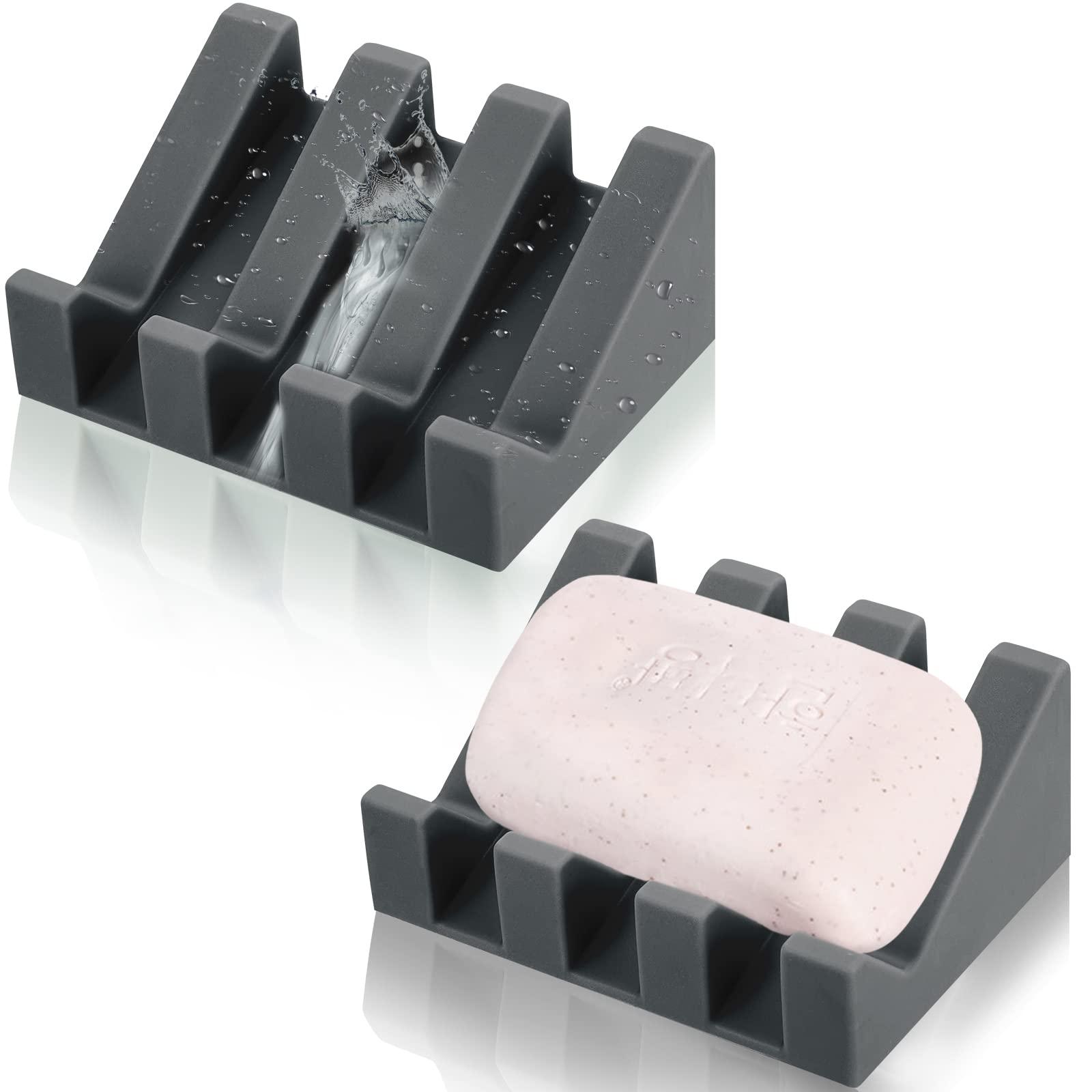 Cunhill 2 Pieces Silicone Soap Dish Self Draining Soap Dish Shower Waterfall Bar Soap Holder Tray with Drain Soap Saver for Kitchen Bathroom Accessories (Dark Grey)