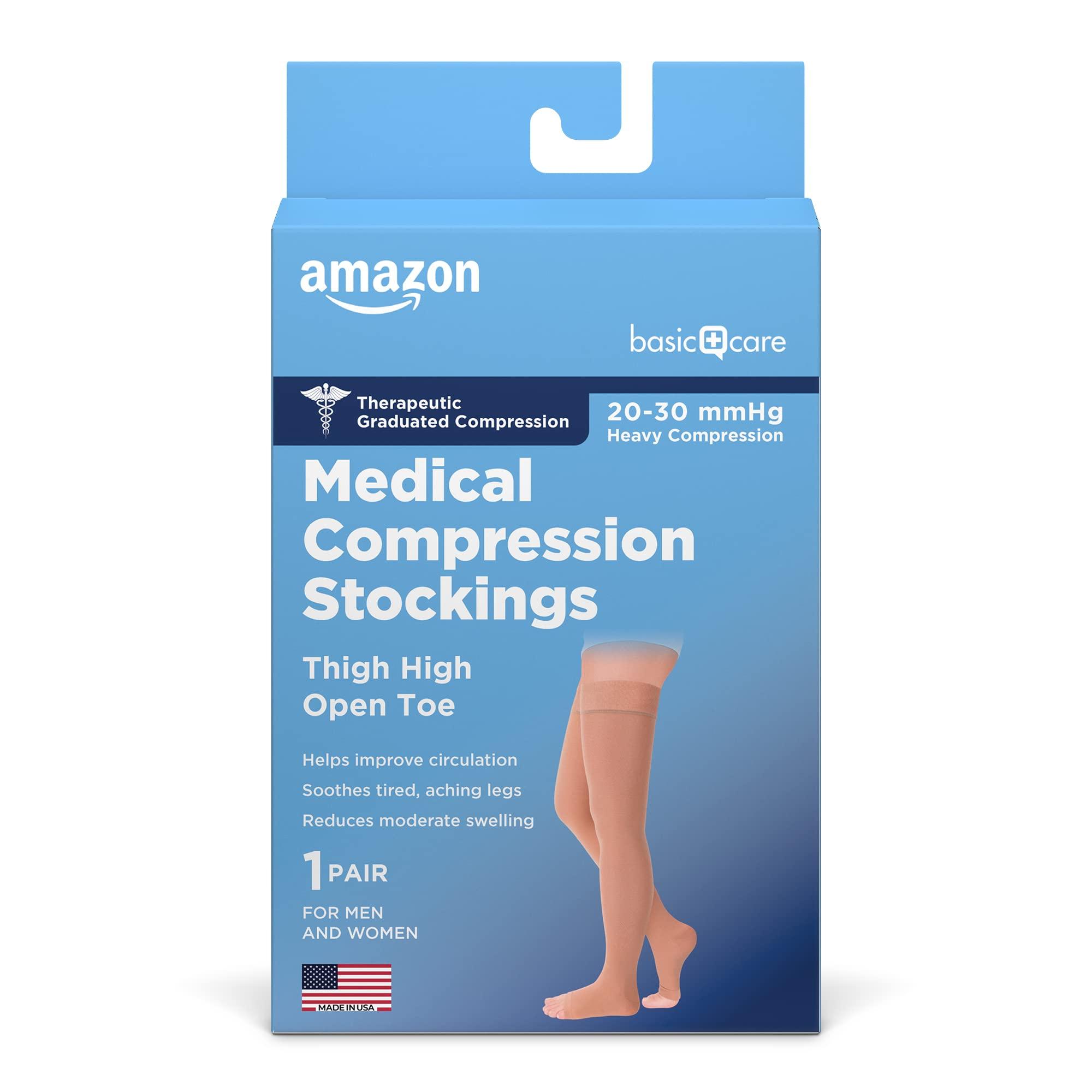 Amazon Basic Care Medical Compression Stockings, 20-30 mmHg Support, Women & Men Thigh Length Hose, Open Toe, Beige