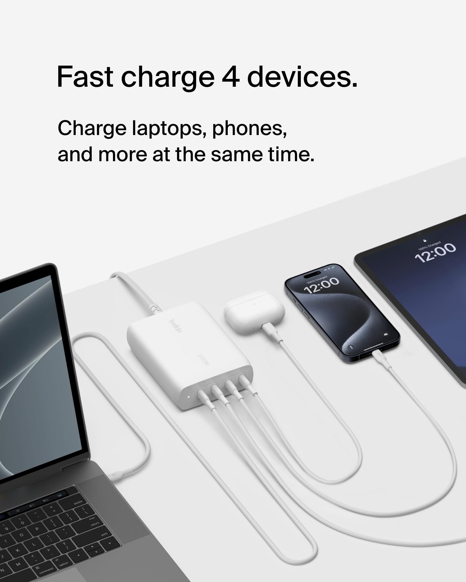 Belkin 4-Port USB C Charger Block 200W - GaN Multi-Port Charger USB-C PD 3.1 Fast Charge + 5ft Power Cord - MacBook, iPhone 16, iPad, Galaxy S25, Google Pixel, Nintendo Switch 2 - White - Image 2